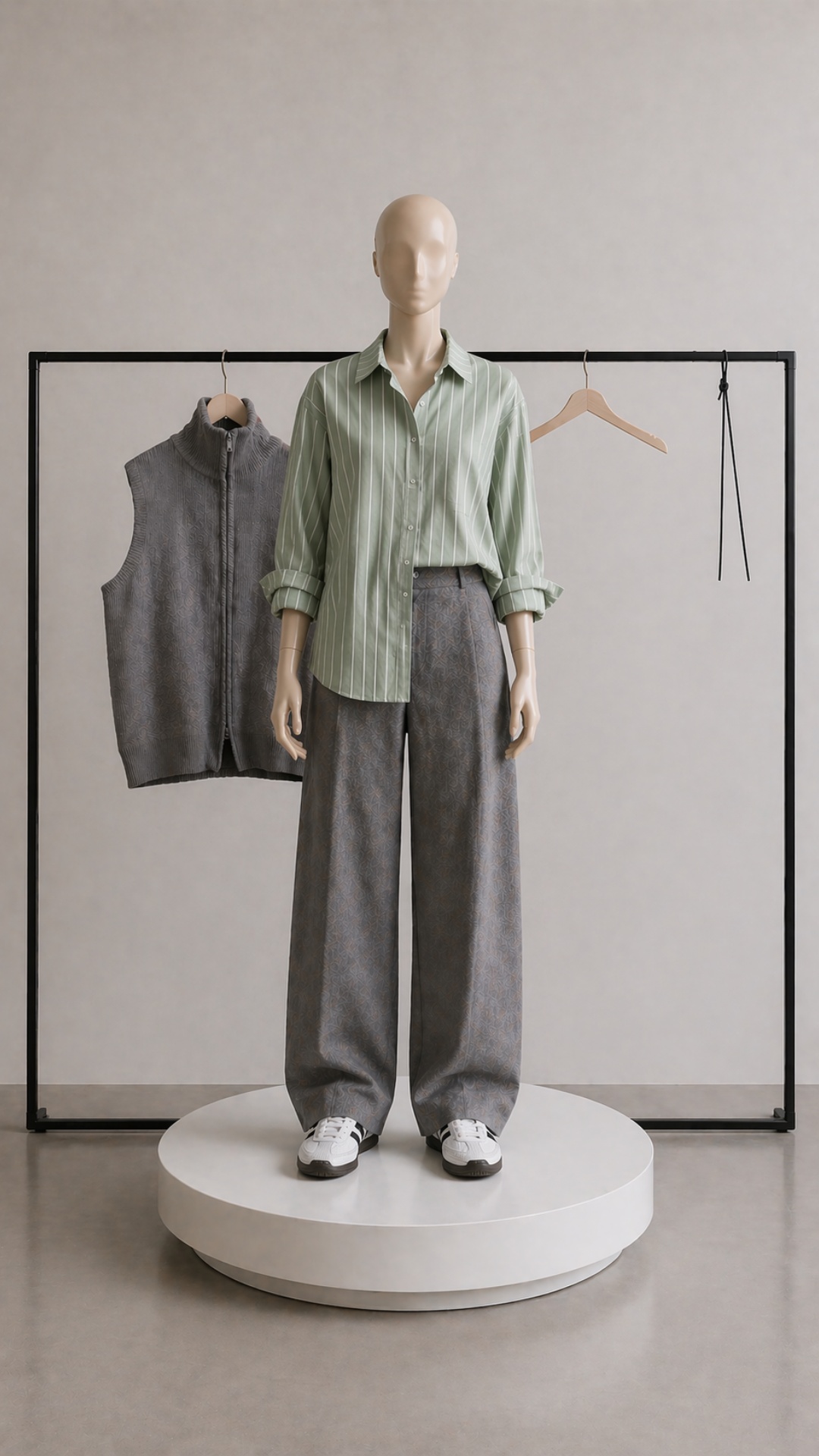Minimalist studio scene in clean neutral tones. A faceless female mannequin made of matte nude-co...