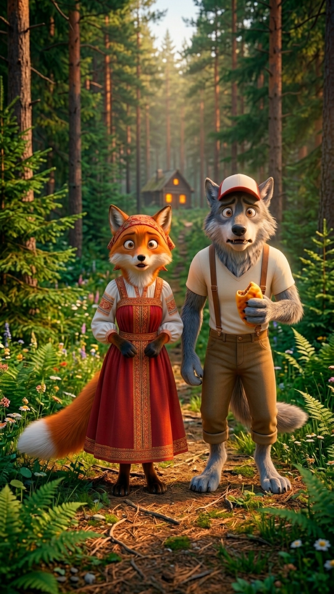 The wolf takes a bite of the pie. Lida waves her hand shyly.