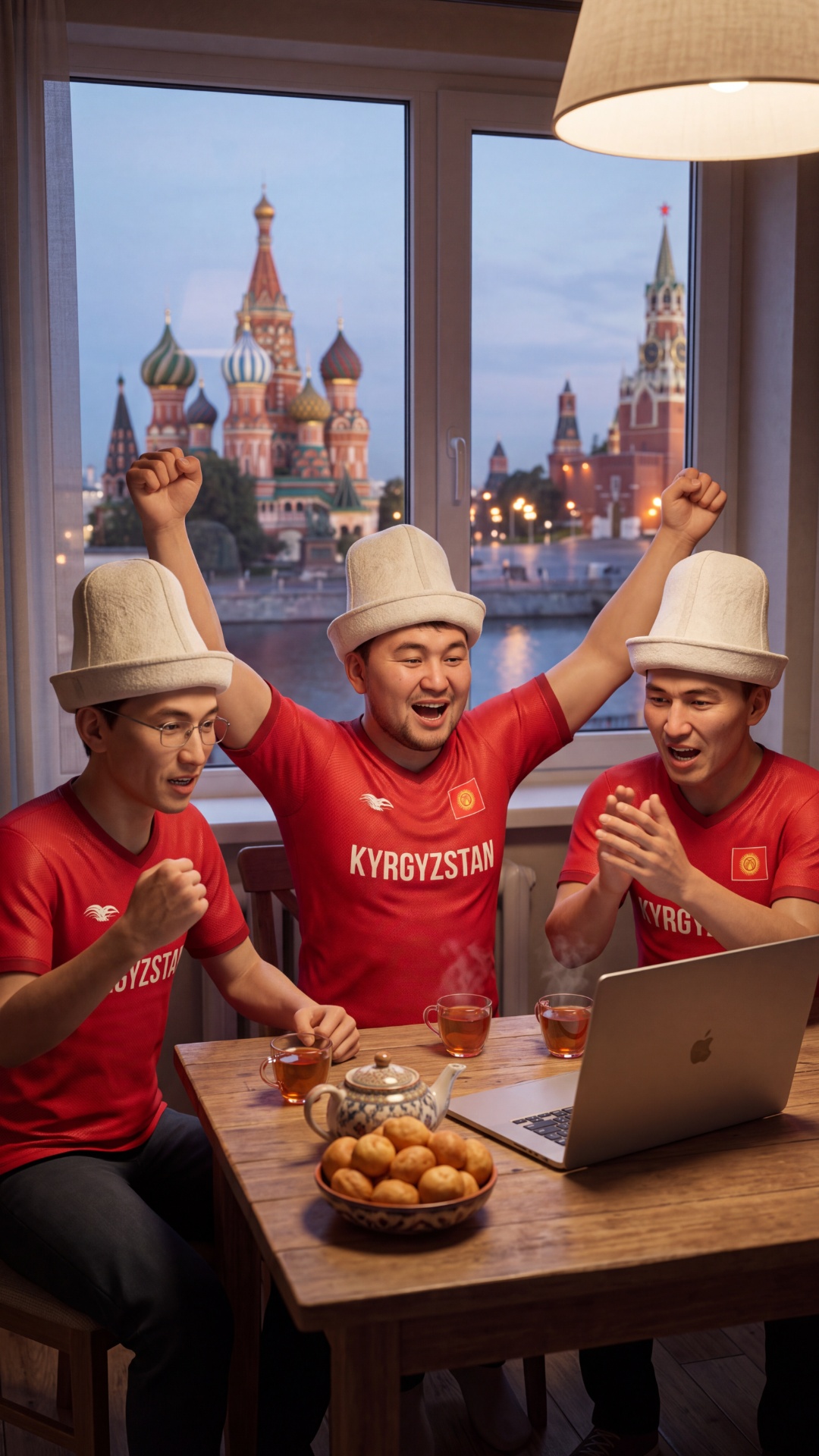 Image-to-video. Three Kyrgyz men in red Kyrgyzstan fan jerseys and white kalpaks sitting at a kit...