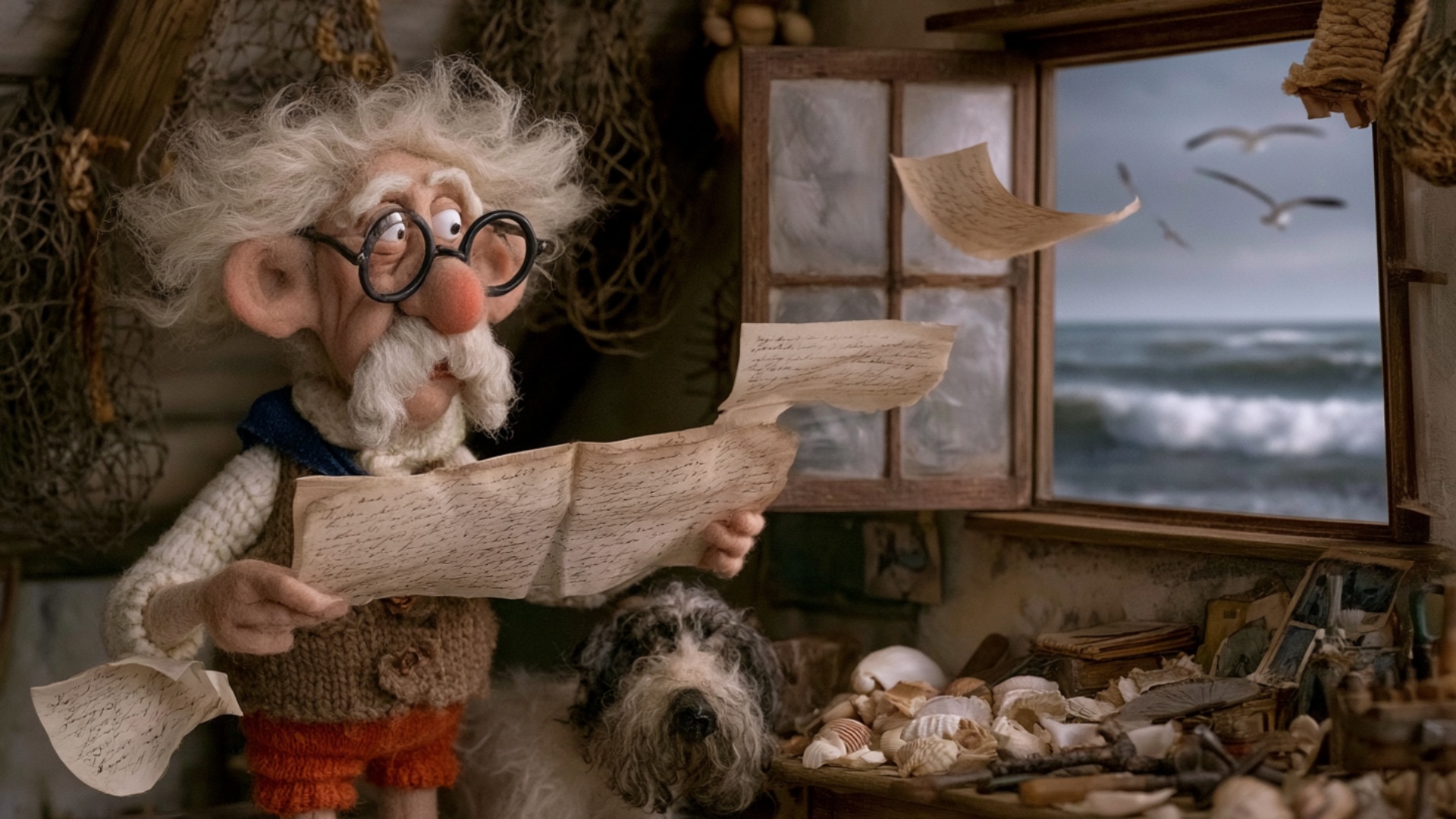 The elderly man keeps the main letter firmly in both hands and reacts as the strong sea breeze ca...
