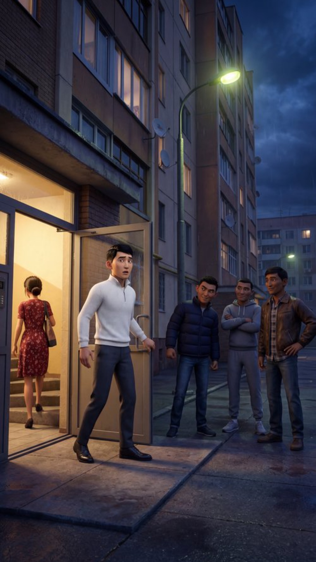 Cinematic Pixar style 3D animation, vertical 9:16.

Spring evening, outside a residential apart...