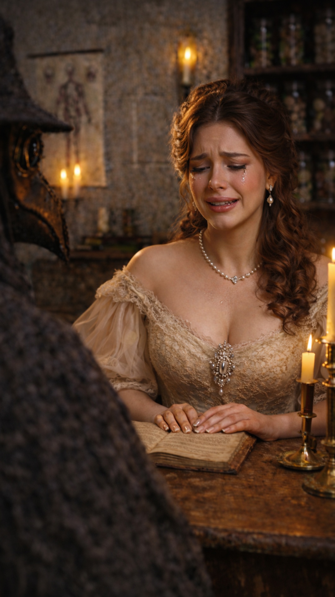 Elegant young woman in historical dress sitting at a wooden table in candle light, plague doctor ...