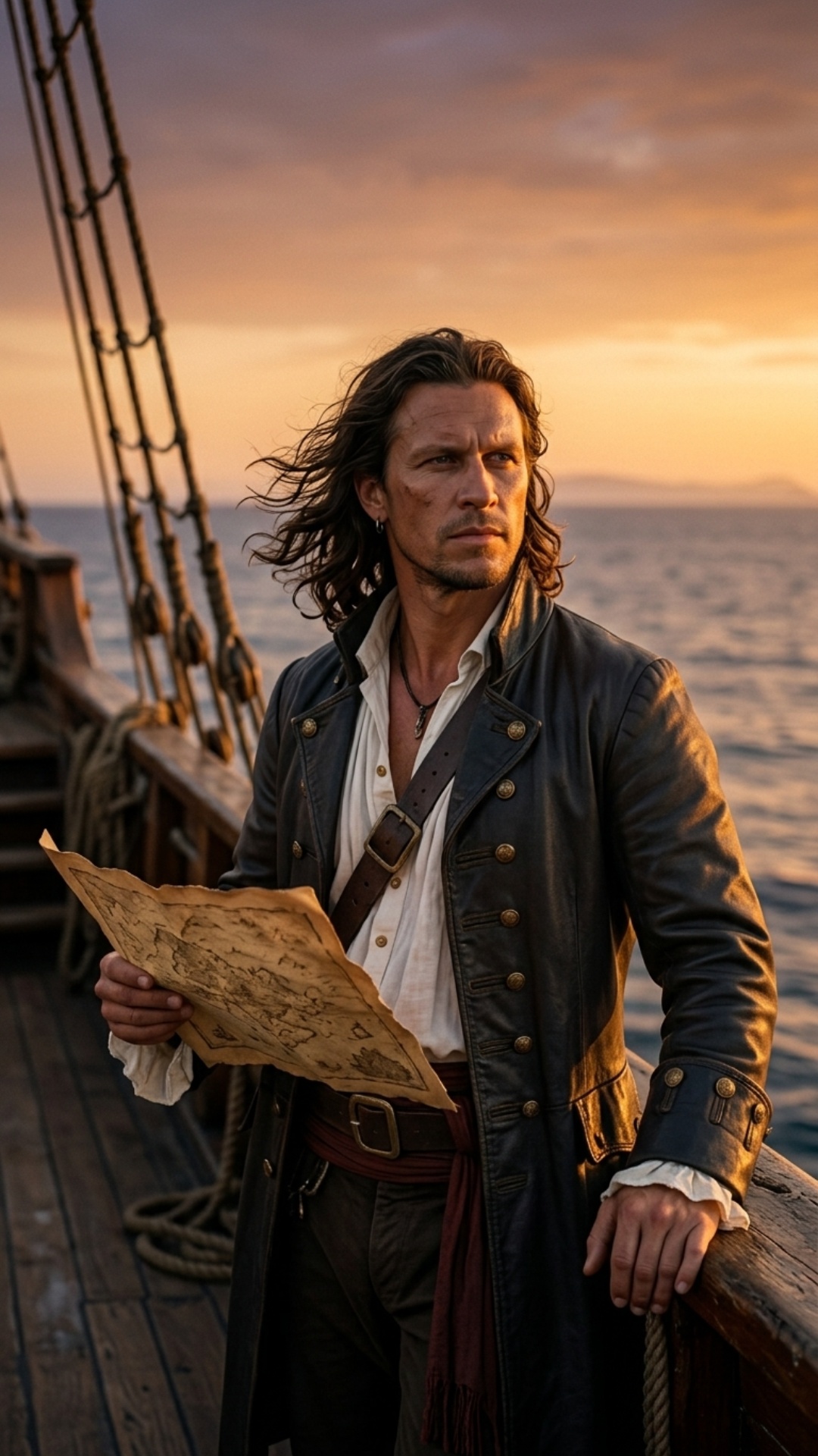 > **0-2s:** Slow push-in shot (35mm lens). The pirate captain stands on the deck of his wooden sh...
