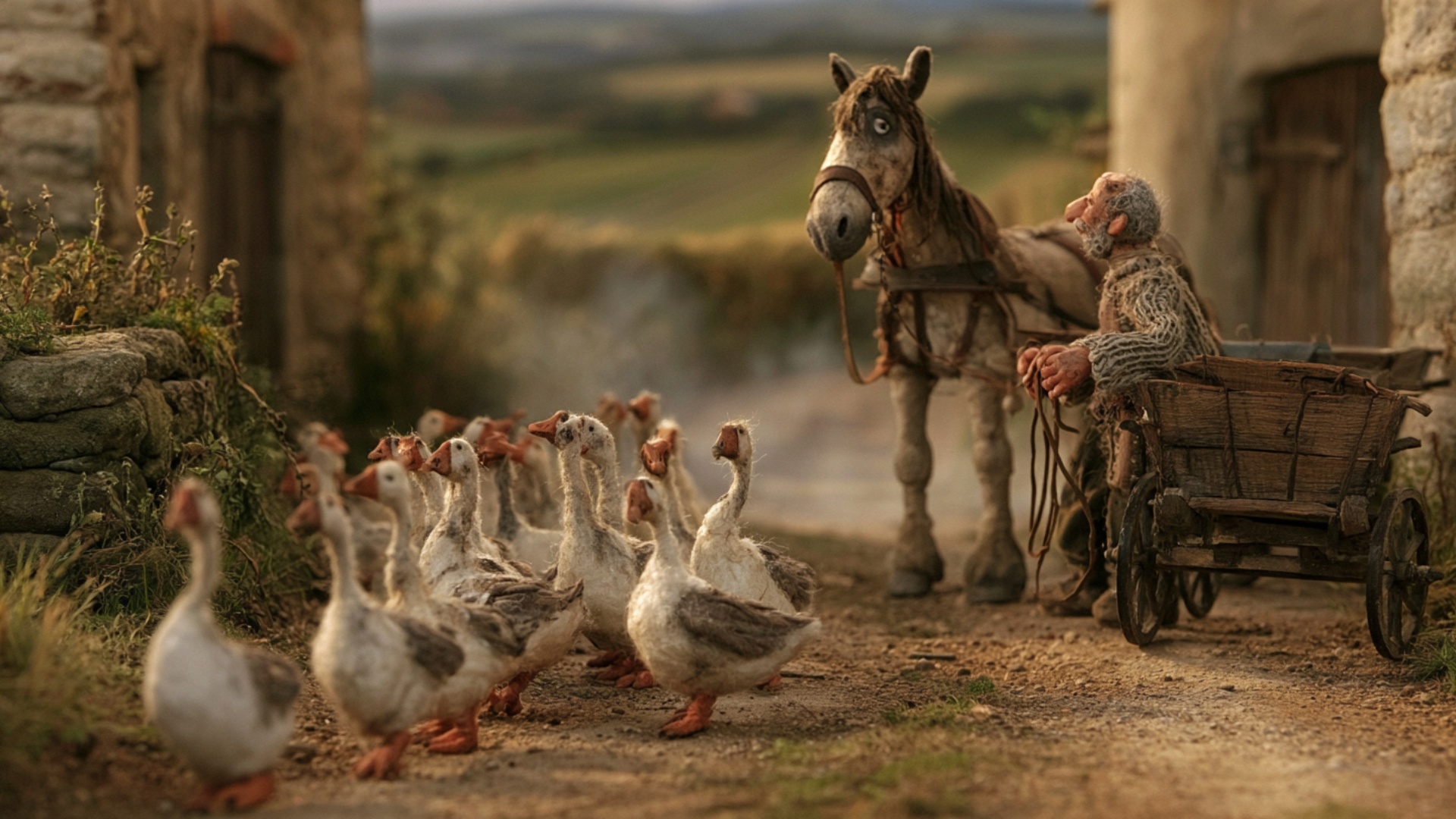 The geese walk continuously across the road in a loose line, covering a clear distance from left ...