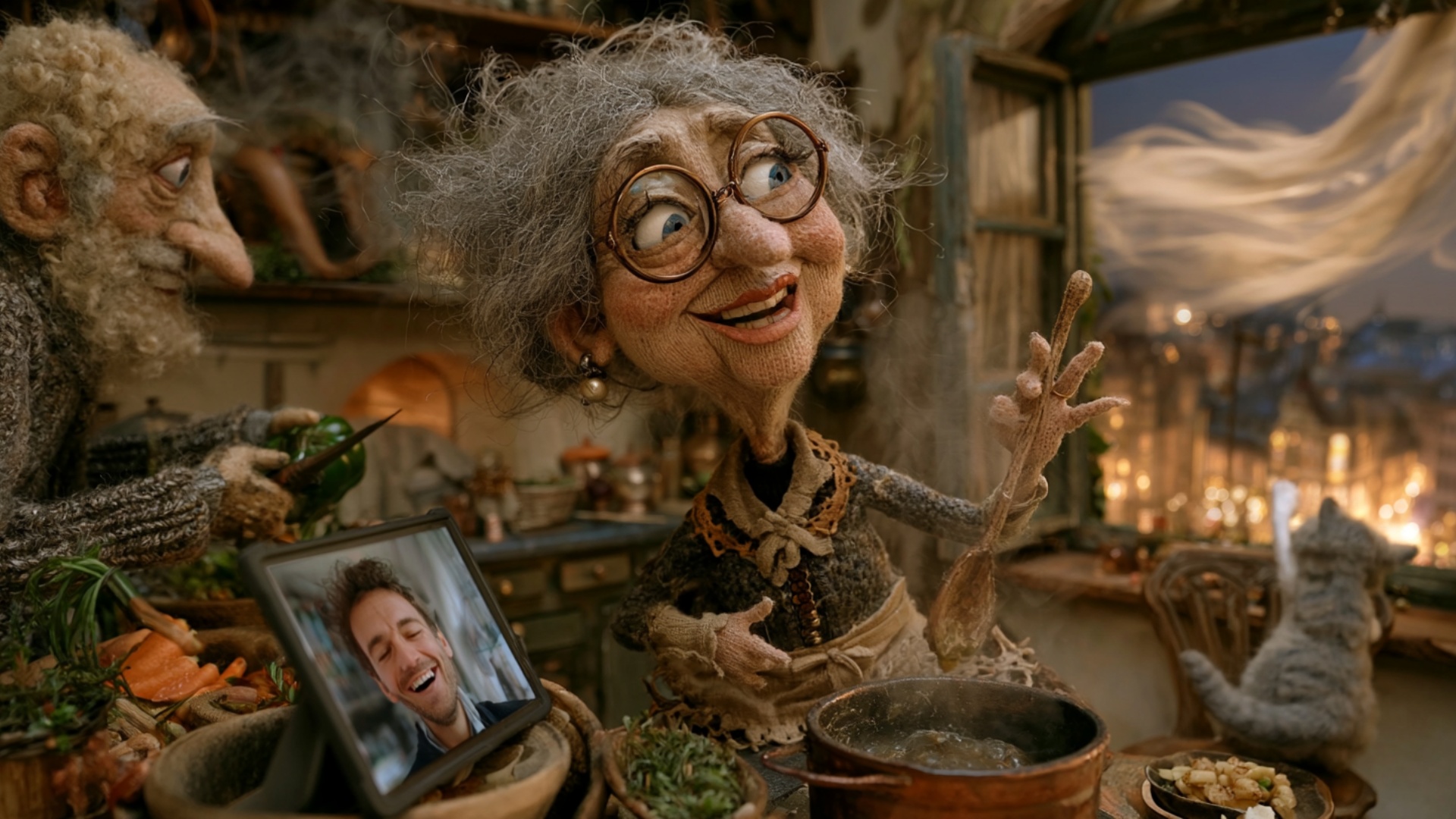 The elderly woman stirs the steaming pot with the wooden spoon, then lifts the spoon slightly and...