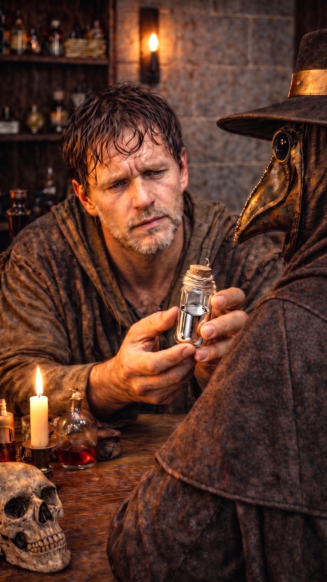 Vertical 9:16 cinematic video. A frightened poor man sits at a candlelit medieval apothecary tabl...