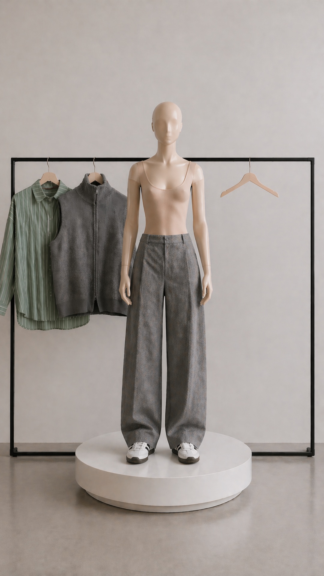 Minimalist studio scene in clean neutral tones. A faceless female mannequin made of matte nude-co...