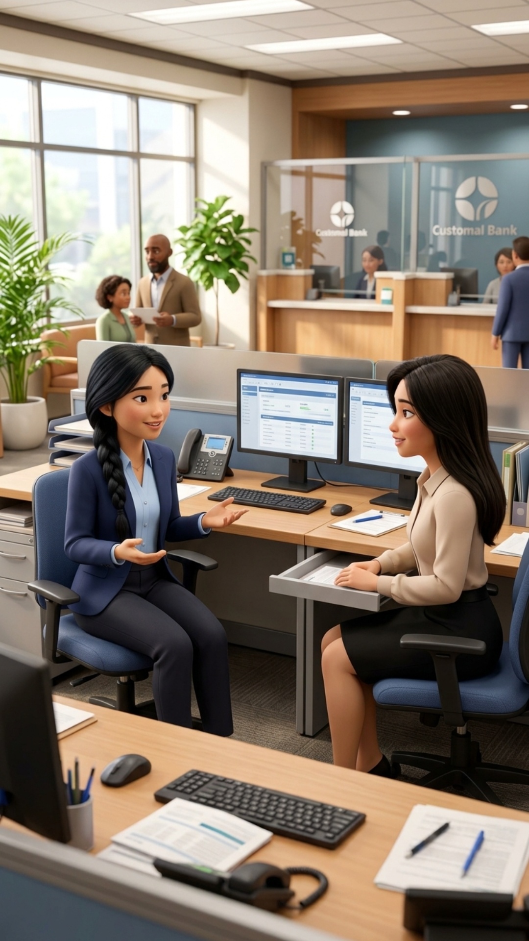 3D Pixar-style animation. A modern bank office. A young woman wearing a blue blazer sits at her d...