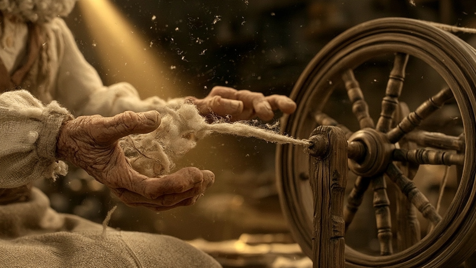 Slow push-in on the spinning wheel, the wool thread twisting and pulling taut as the wheel turns,...