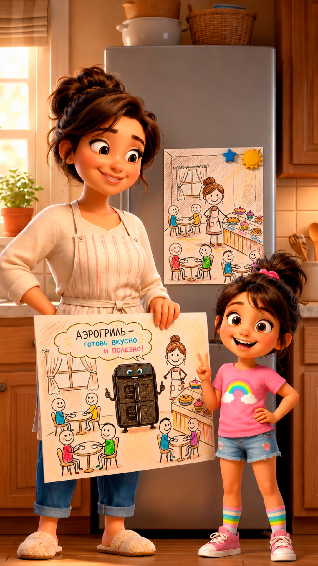 Mother carefully removes the old drawing from the refrigerator and places the new drawing beside ...