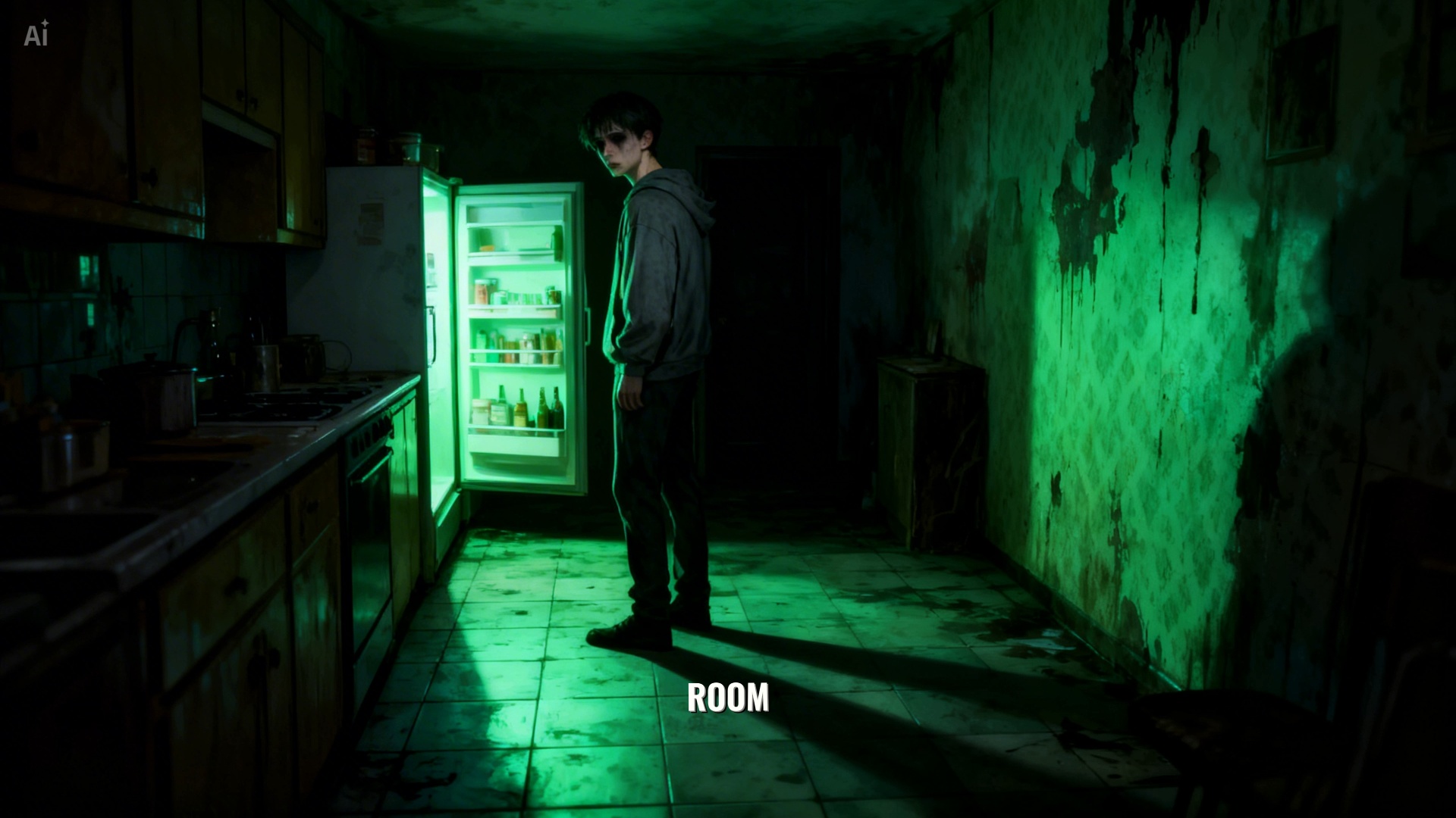Cinematic static horror shot in a dark, grimy kitchen. SET MOTION SCORE TO 2: The boy stands froz...
