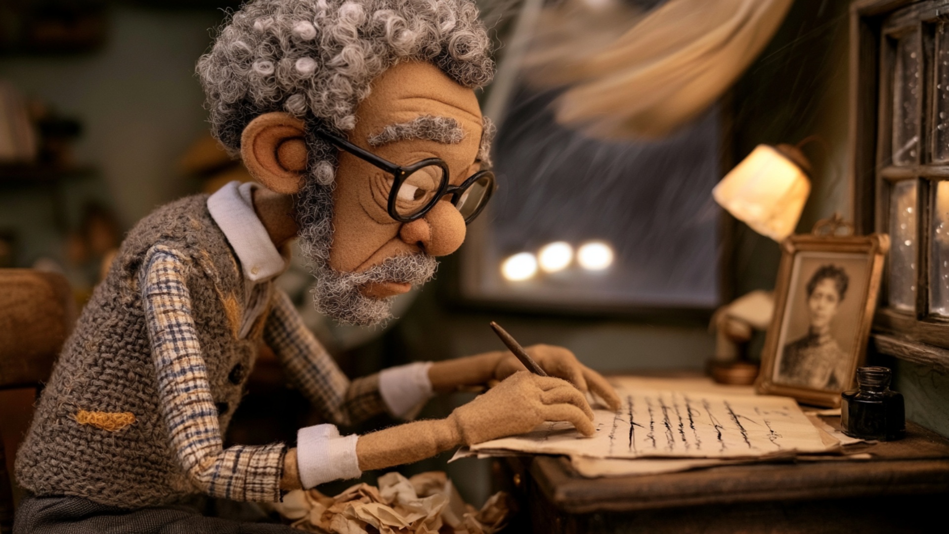 The elderly man continues writing several words with the pen, then pauses mid-sentence and slowly...