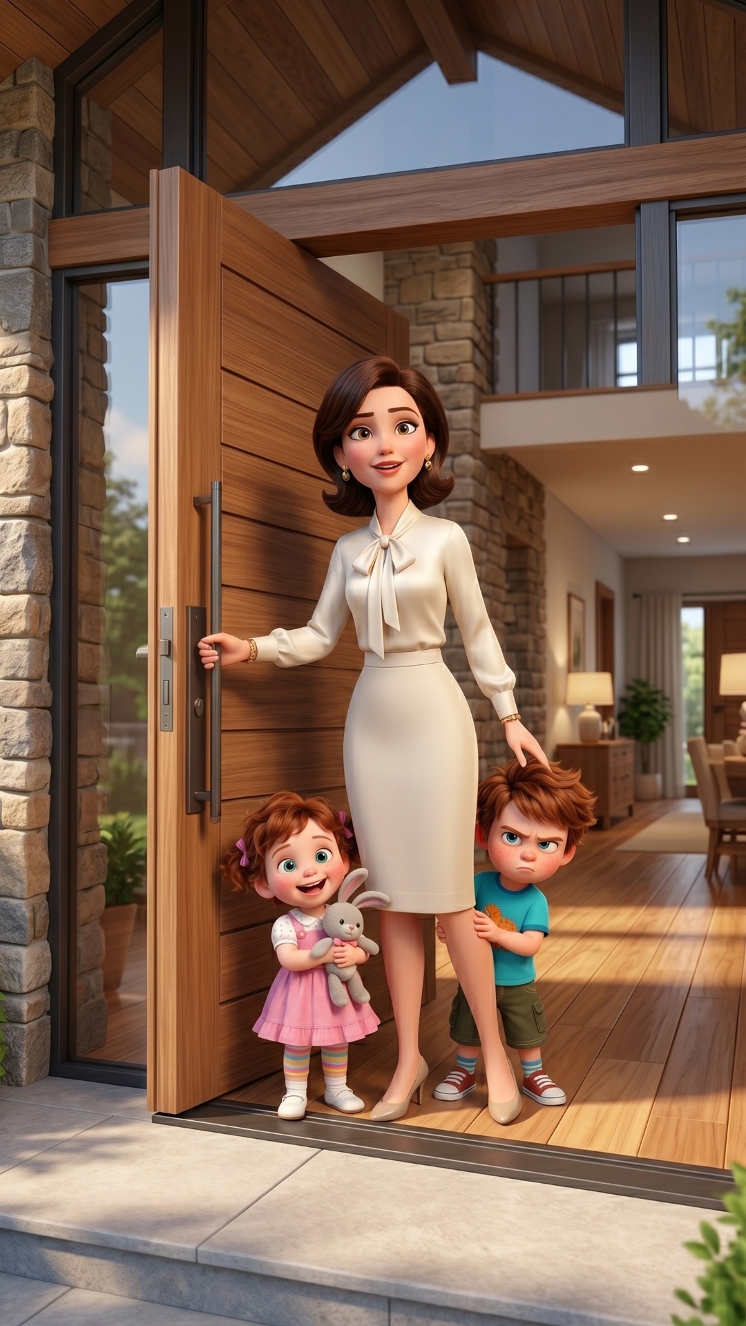 Cinematic Pixar-style animation. The scene opens with the house entrance (image_0.png) and transi...