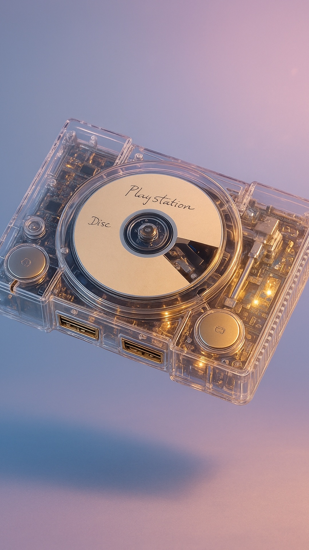 A hyper-realistic transparent PlayStation 1 console levitating mid-air, slowly rotating 360 degre...