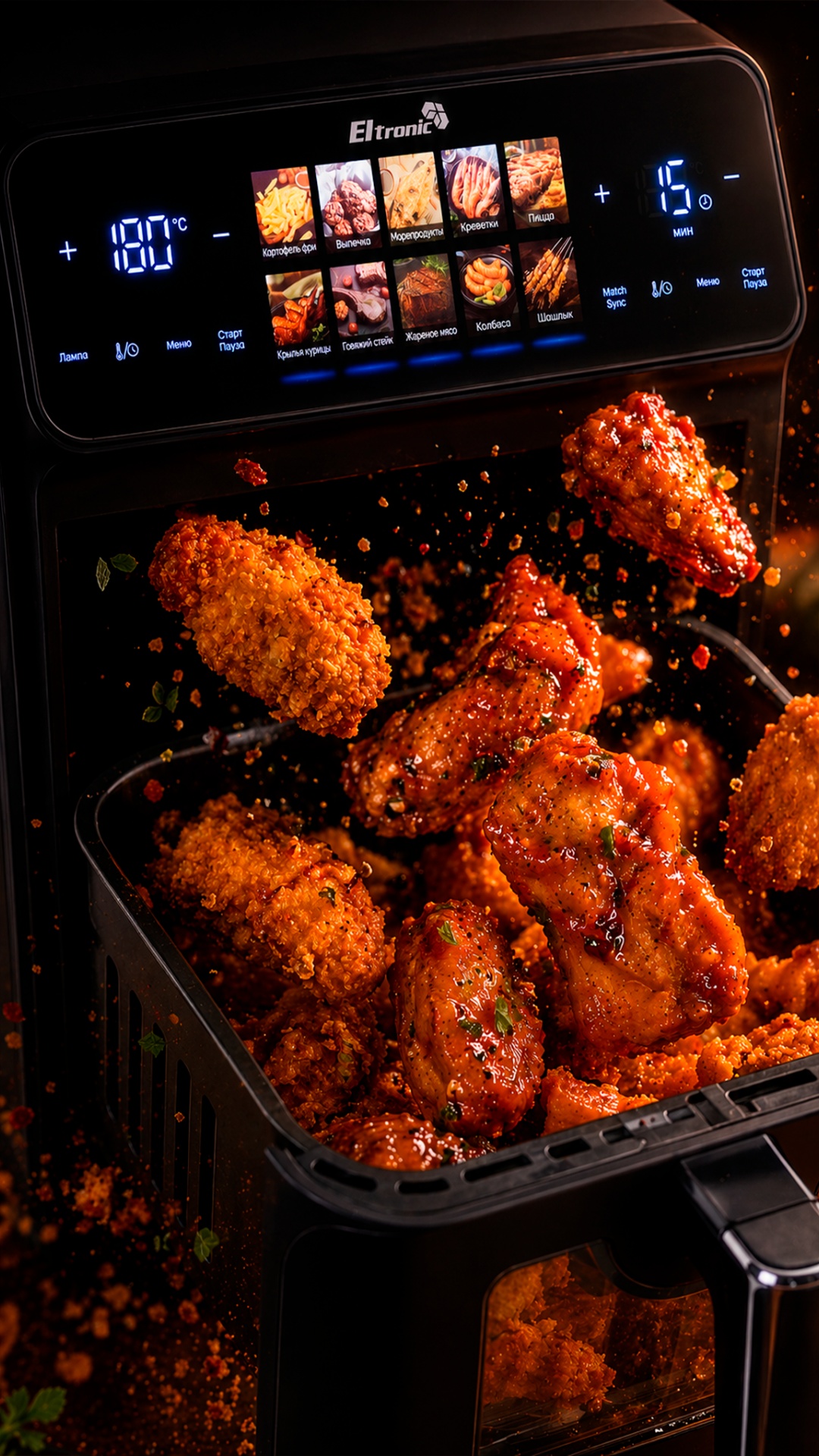 Slow-motion food commercial shot.

Chicken pieces fall into the lower drawer.

Crispy coating...