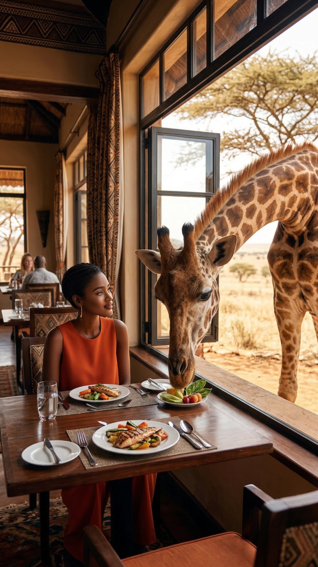 she picks a fruit from a table and gives it to giraffe