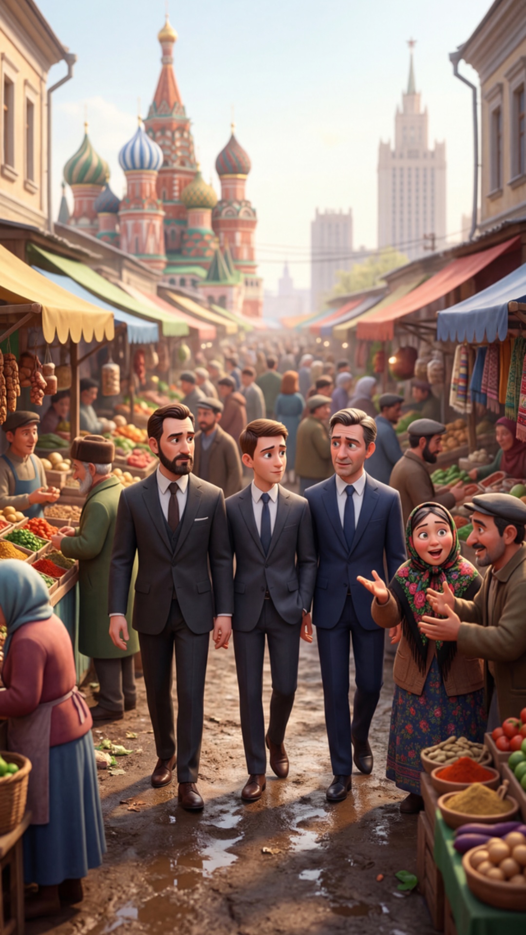 Cinematic Pixar style 3D animation, vertical 9:16.

Spring daytime, crowded Moscow bazaar. Moscow...