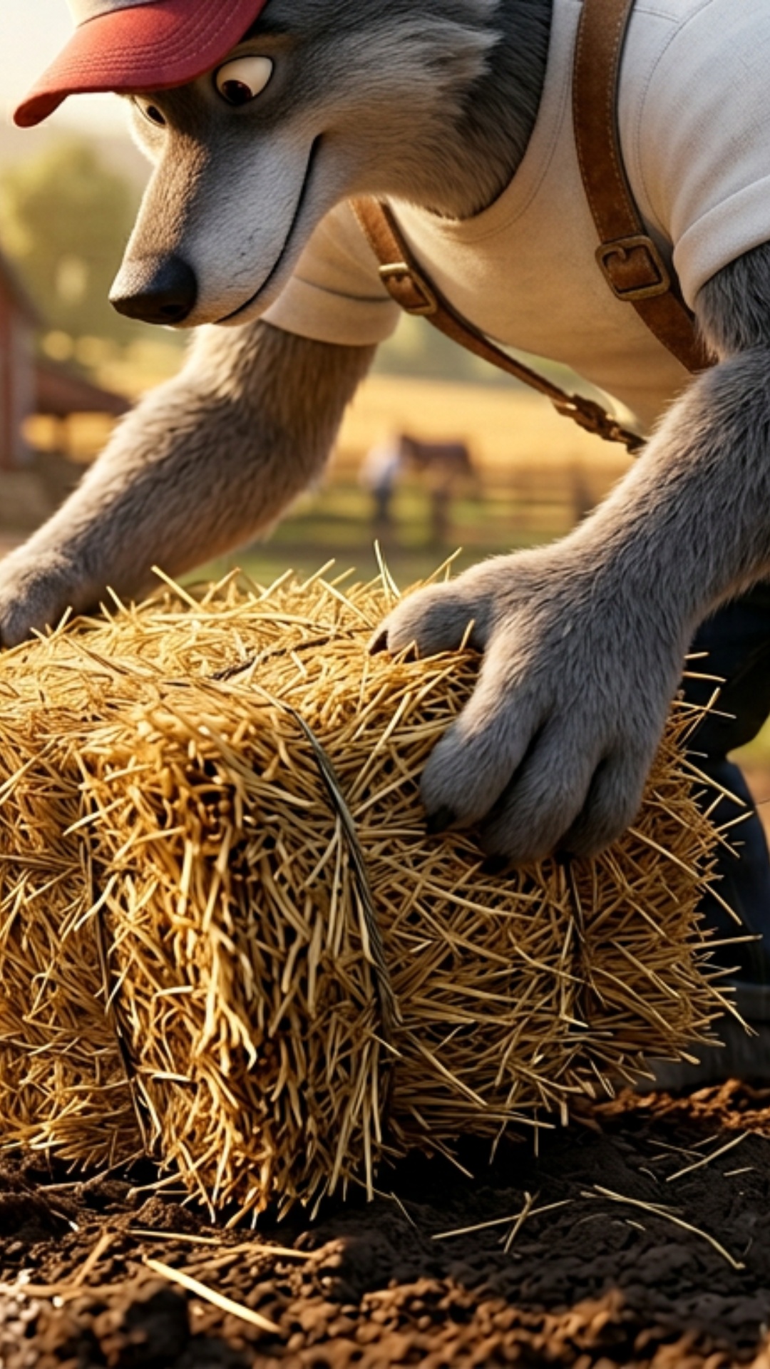 Strong rule: style --- 3D Pixar ---. Close-up shot of the Wolf's hands as he sets the hay bale do...