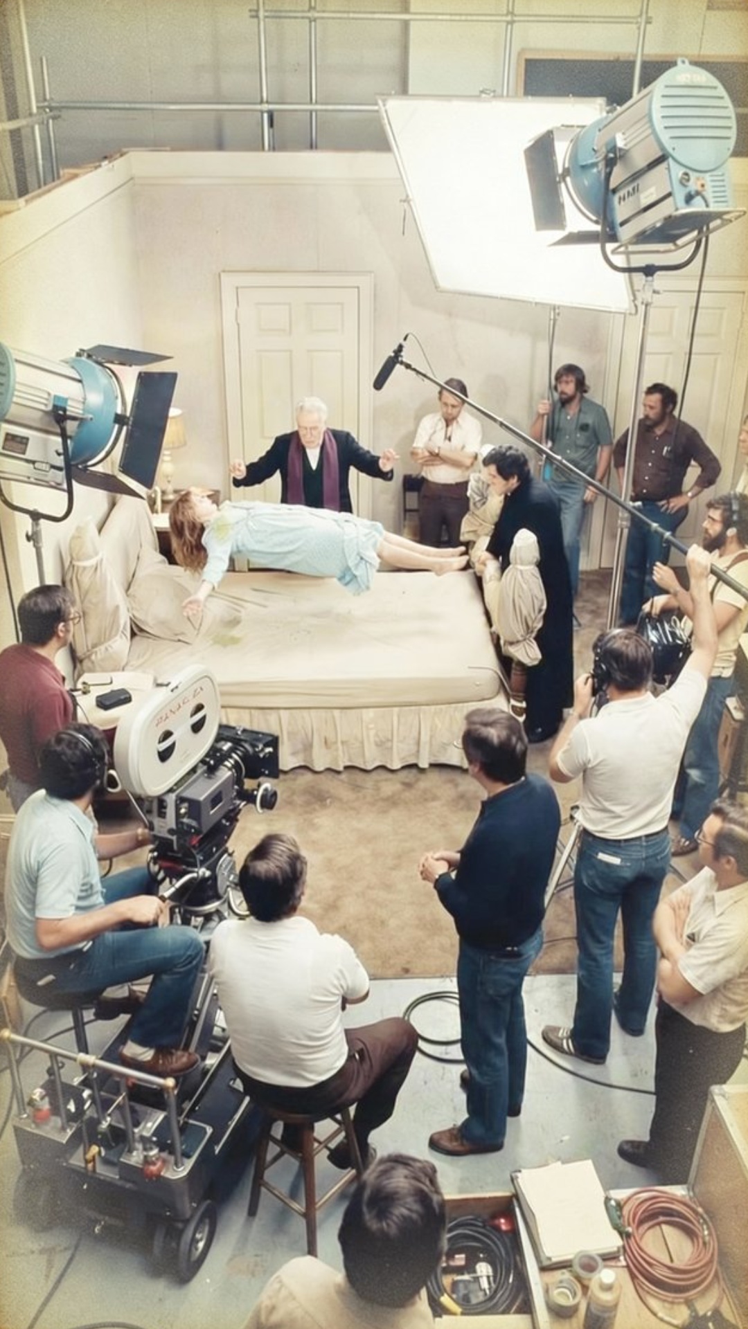 Cinematic slow motion: the girl in the blue nightgown gently floats upwards into the air, levitat...