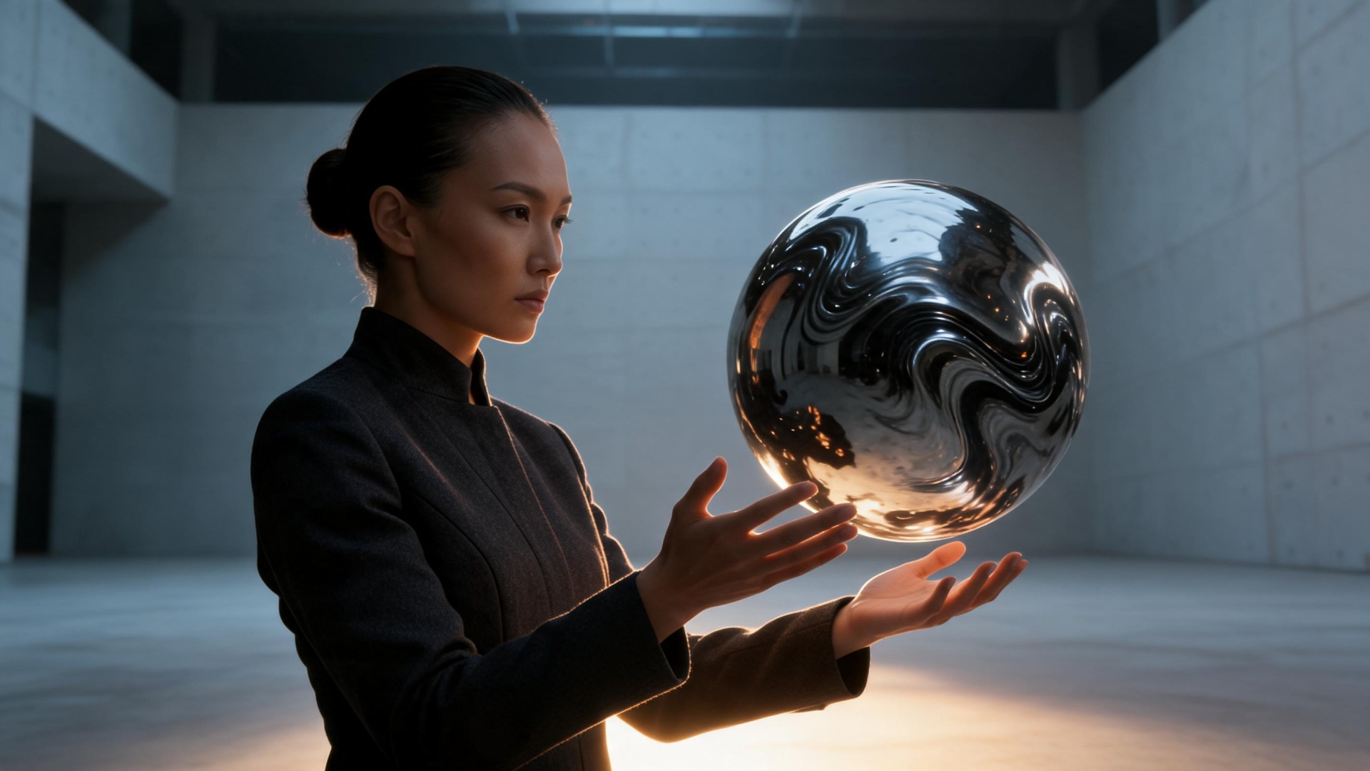 slow cinematic pan from left to right, woman standing still, mercury sphere slowly rotating, no c...