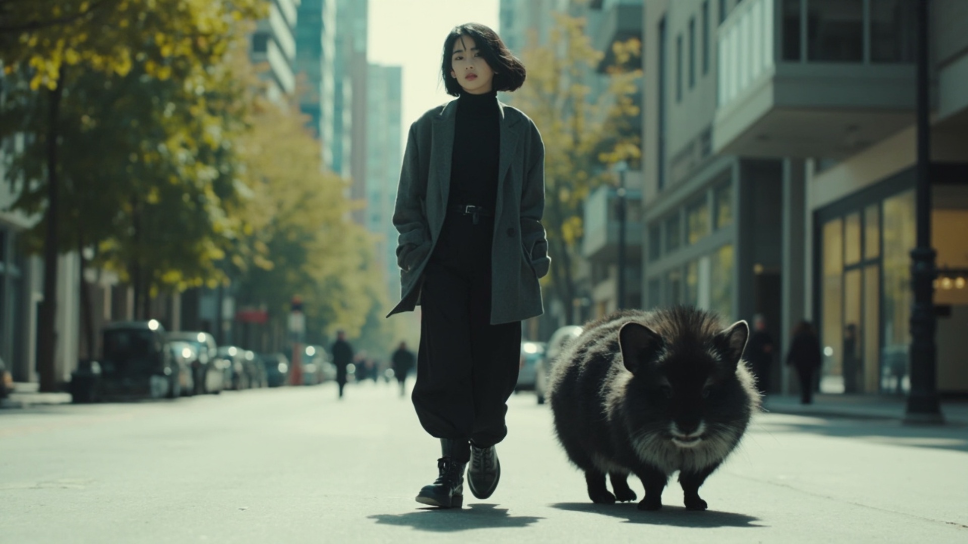 A fashionable young woman with black hair, walking confidently down a modern city street. She is ...