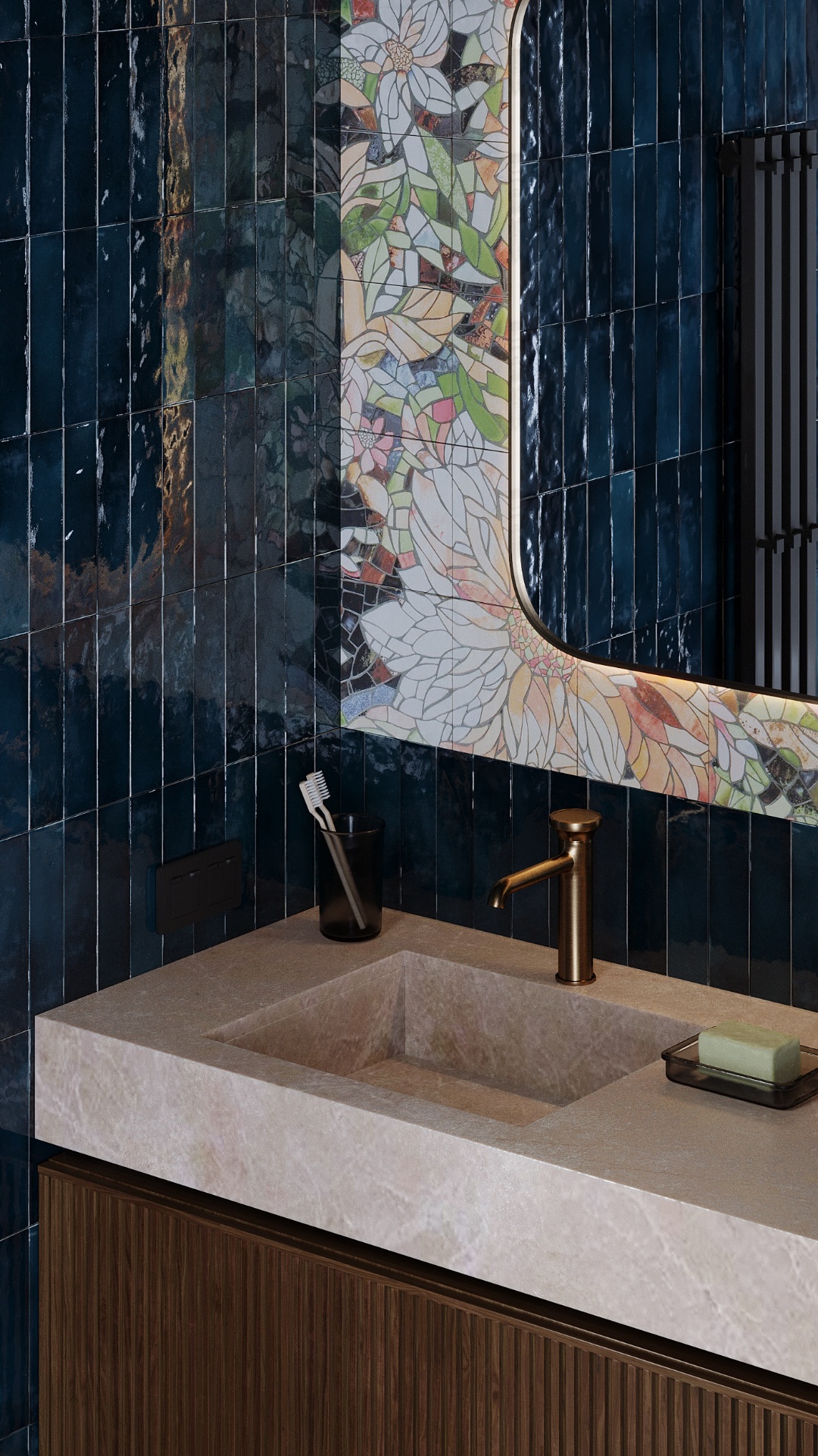 Camera moves slowly from a lower angle upward, revealing the sink area and the mosaic-framed mirr...