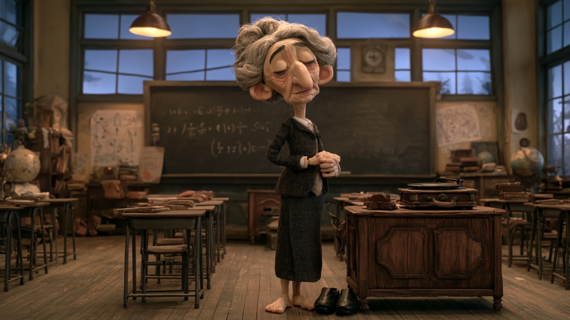 Single continuous 5-second cinematic shot. The elderly teacher slowly takes two graceful barefoot...