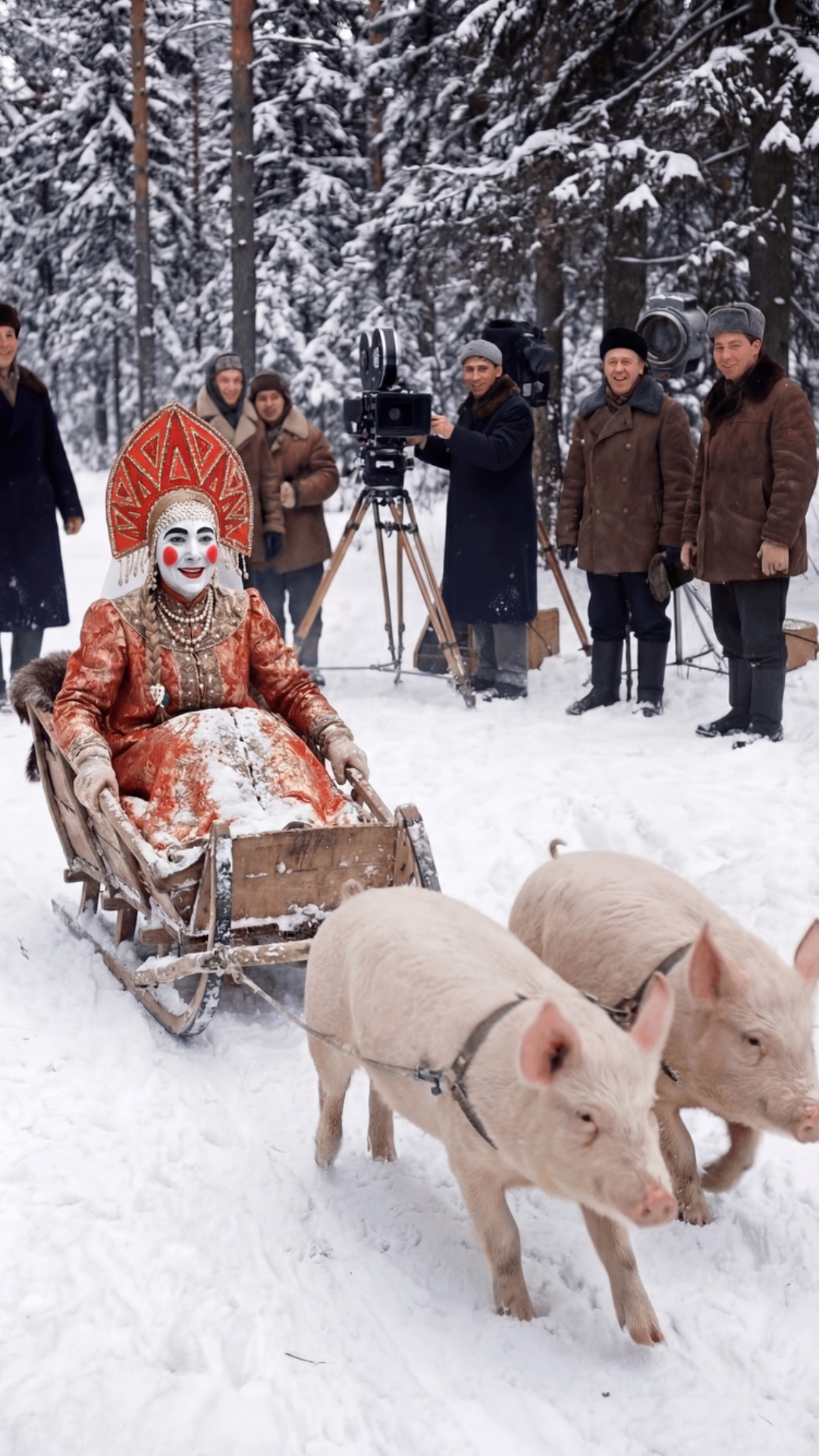 Two pigs pulling a wooden sleigh through the snow. A woman in traditional Russian dress sits in t...