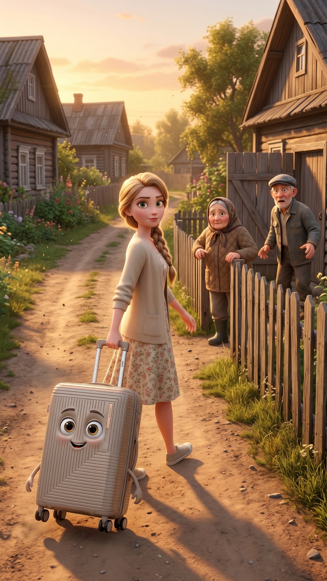 Village road. Evdokia, an elderly woman, walks pulling a LENDA suitcase. The suitcase rolls quiet...