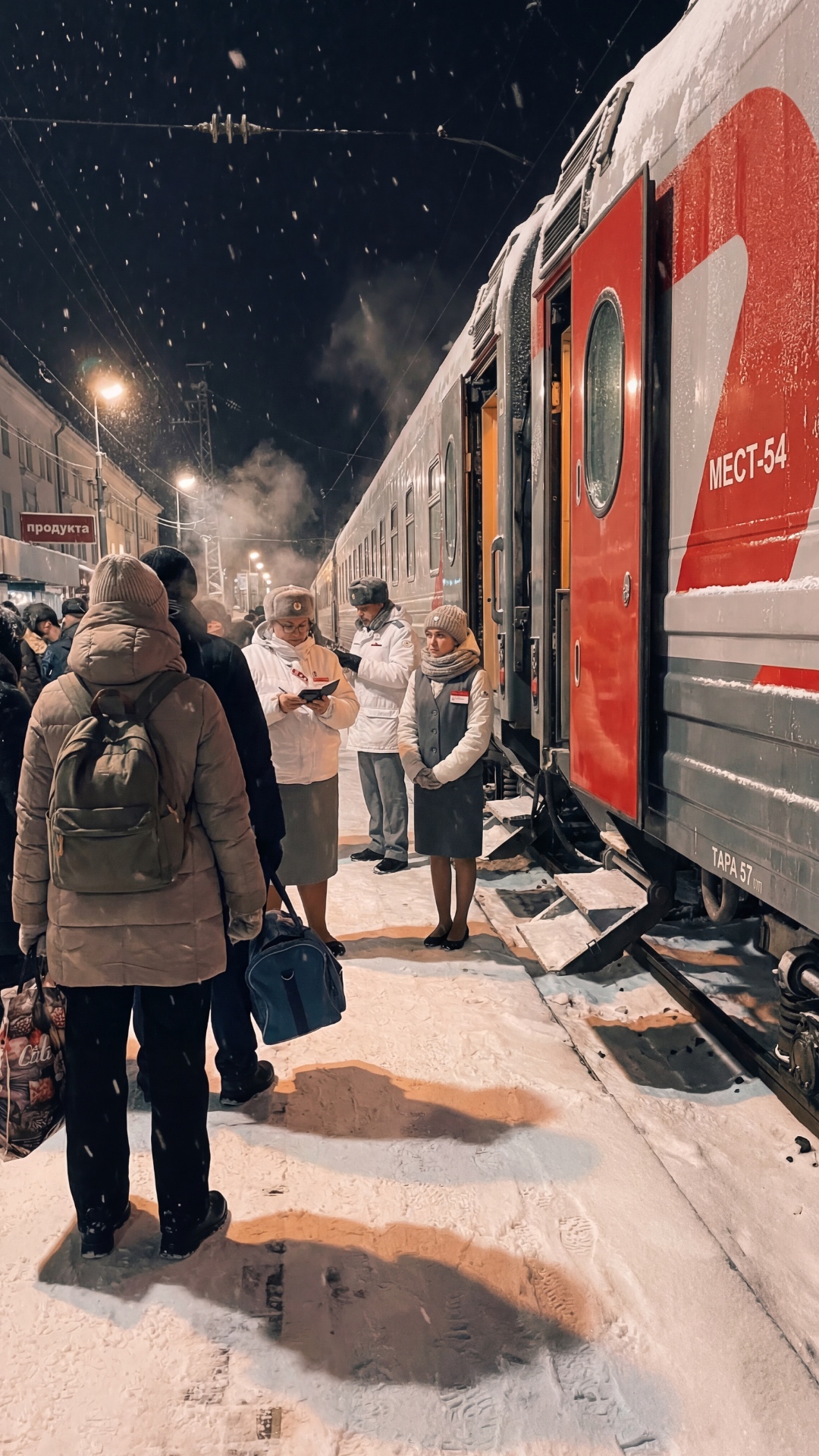 снег мягко падает. люди подходят к проводникам. проводники проверяют билеты.