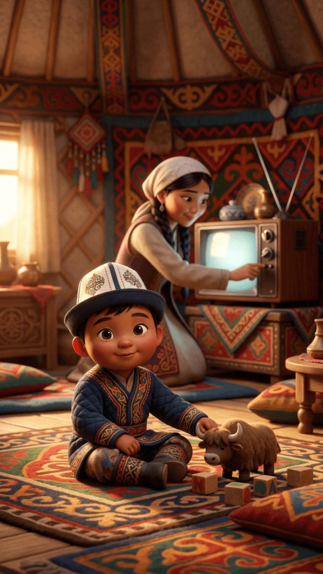 animate this scene, pixar style animation, stylized кыргыз characters, warm кыргыз home interior,...