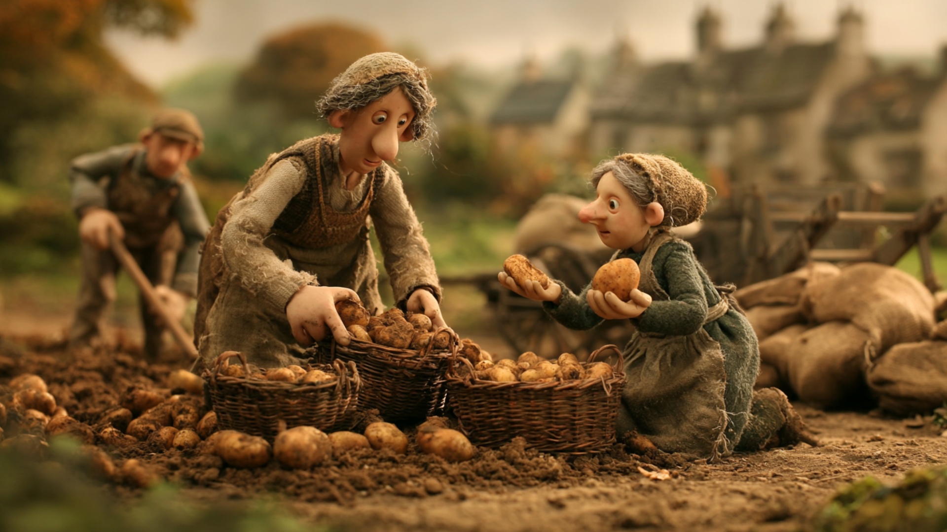 The woman nearest the camera picks up two potatoes from the ground and places them firmly into th...