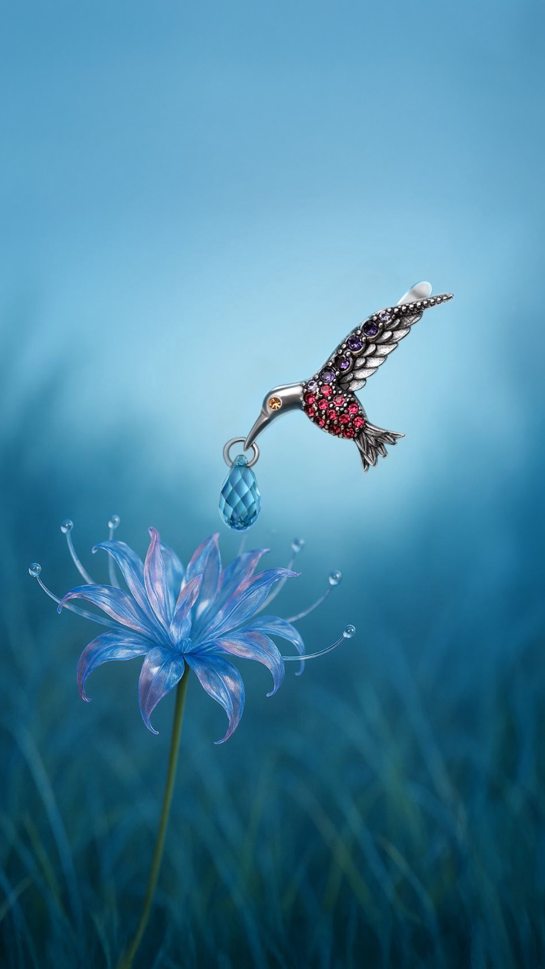Subject: A jeweled hummingbird brooch that comes to life, body sparkling with rubies, sapphires, ...