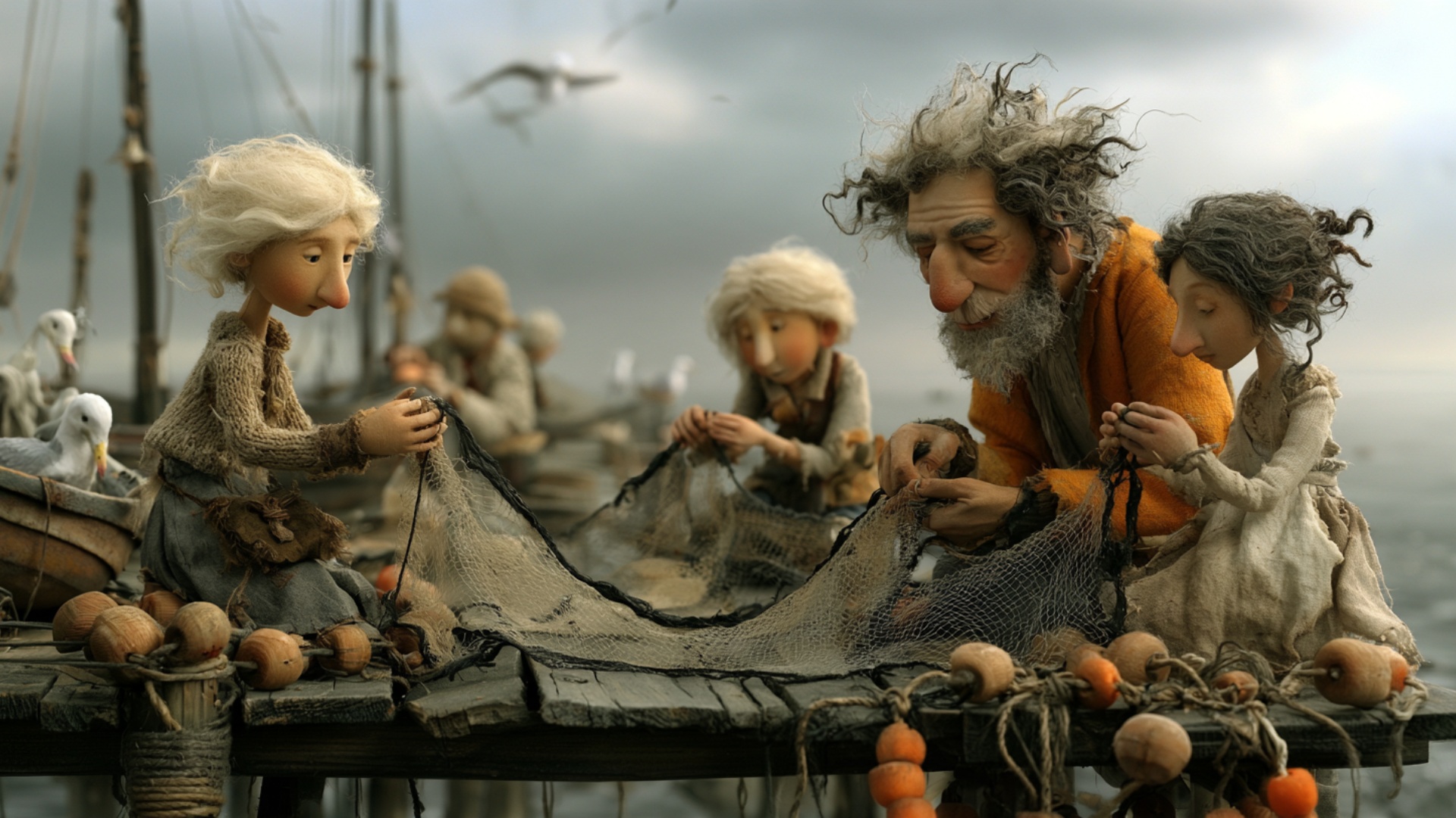 Cinematic push-in toward the group repairing the fishing net. The man in the orange sweater tight...
