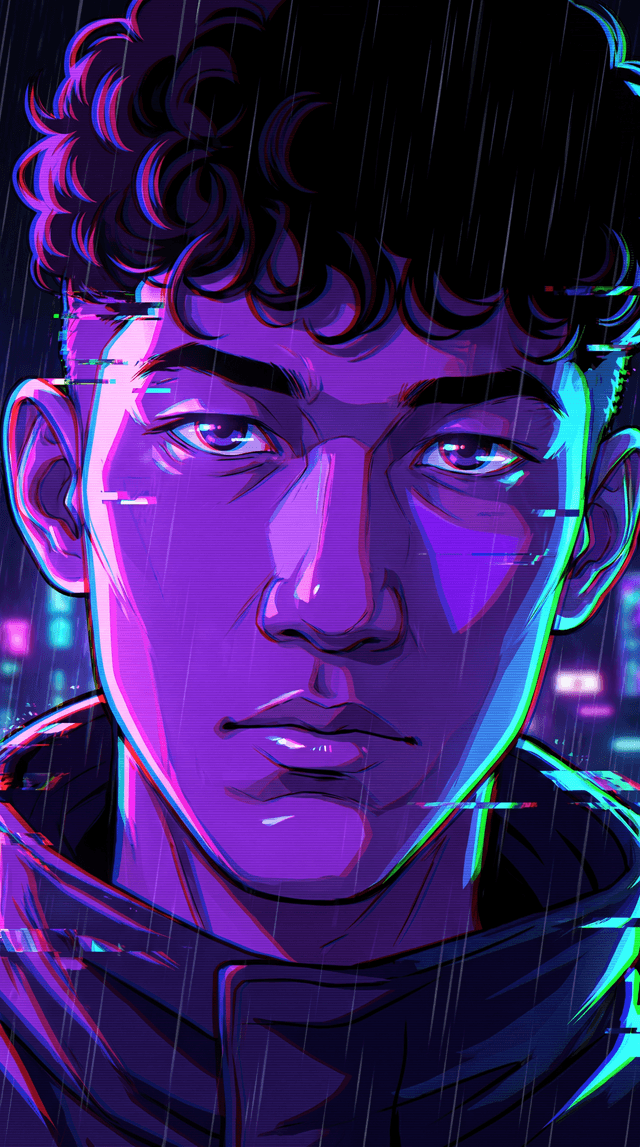 Slow push into the young man's face, neon lights reflecting in his eyes. Camera transitions into ...