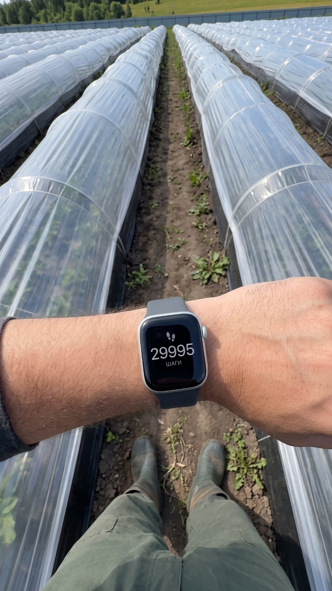 Realistic cinematic shot. A hand wearing an Apple Watch is visible in the foreground, the watch s...