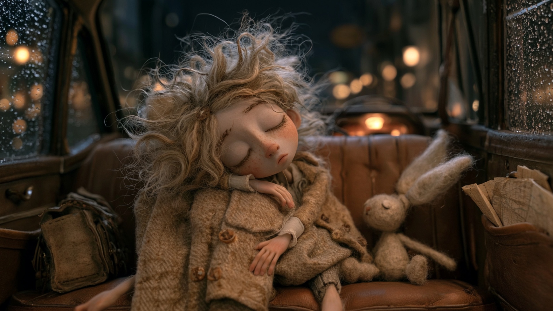 The sleeping child remains in the exact curled position, breathing slowly and visibly. Her head s...