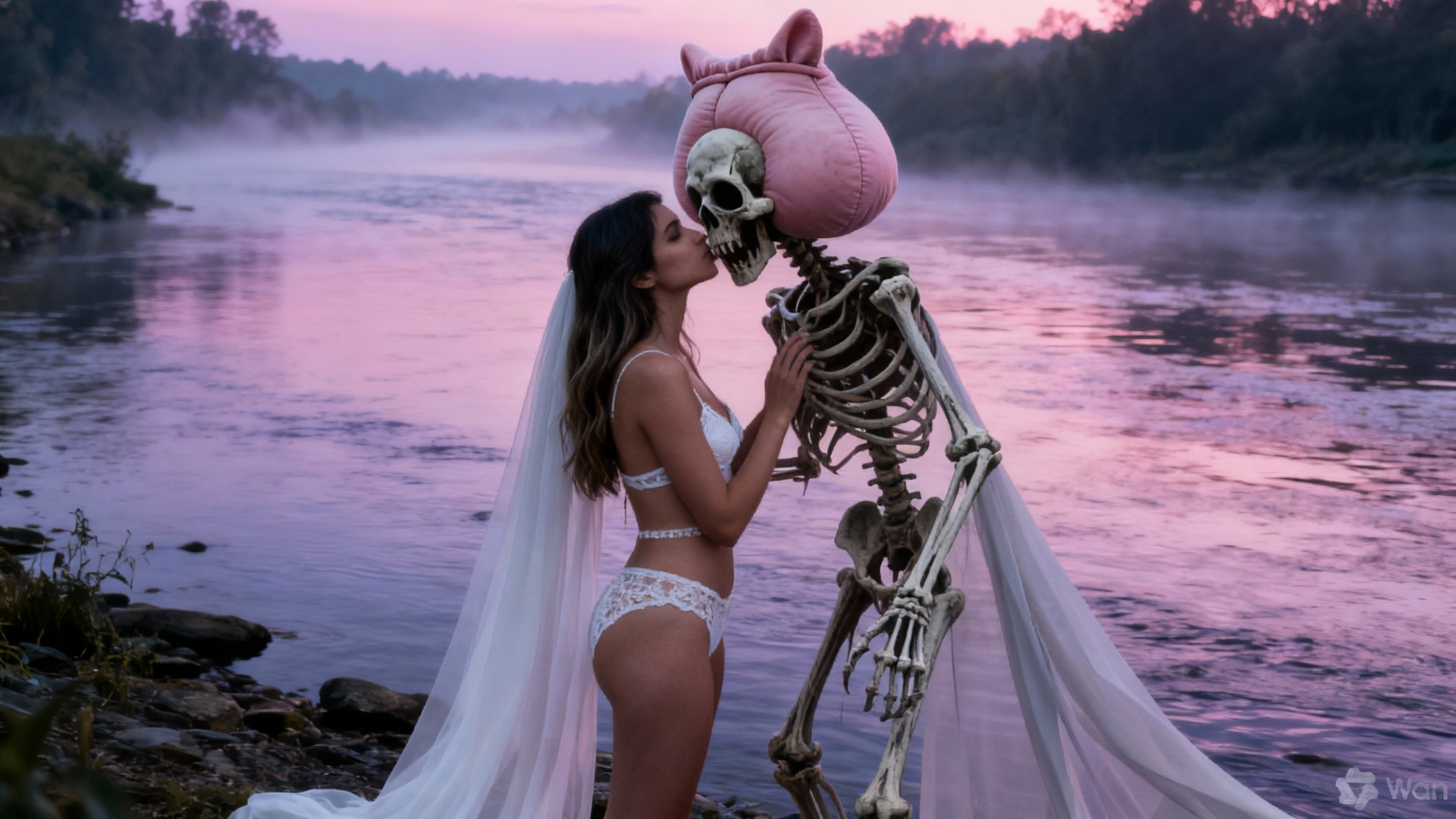 Rencontre romantique d'une jolie femme et d'un squelette amoureux au bord de la rivière embrumée.