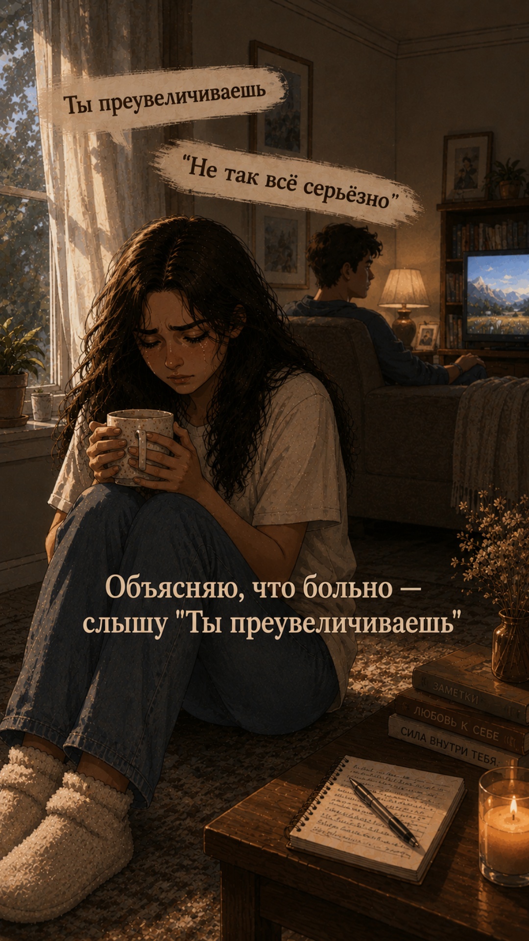 новый текст не добавлять, заголовок не менять, девушка смотрит в кадр и потом опускает голову, те...