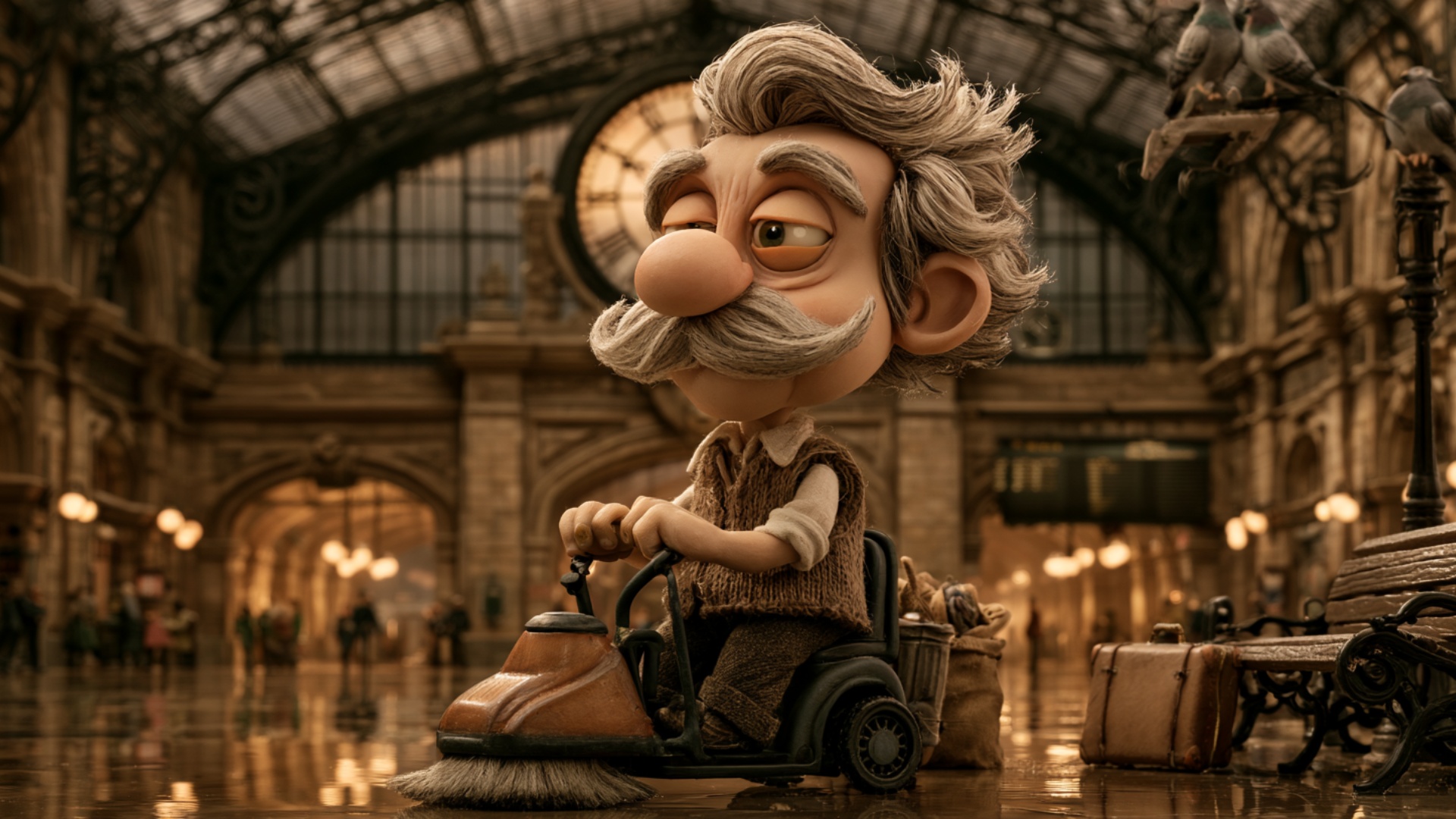 The elderly station cleaner slowly drives the tiny floor-sweeping machine forward across the poli...