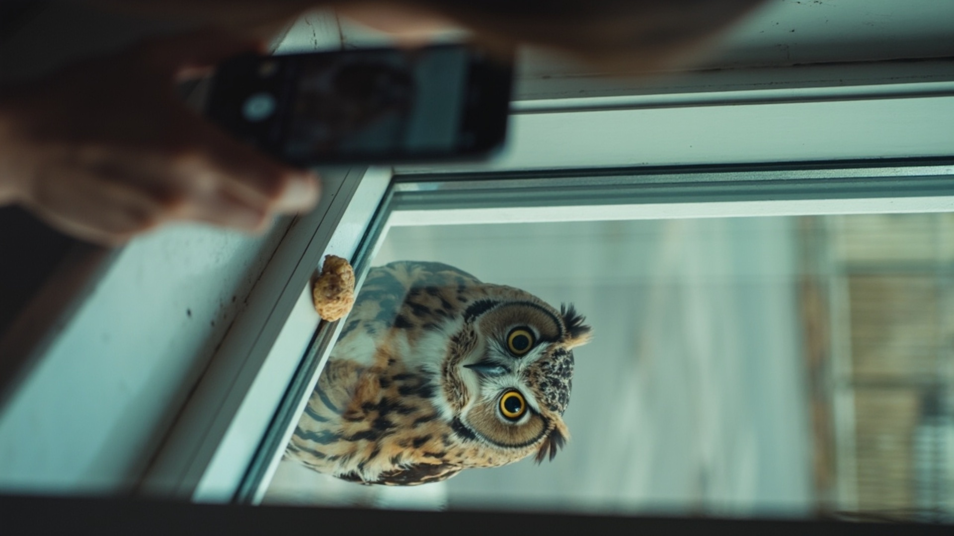 A hyper-realistic video scene where a person is filming from inside their home, facing a closed w...