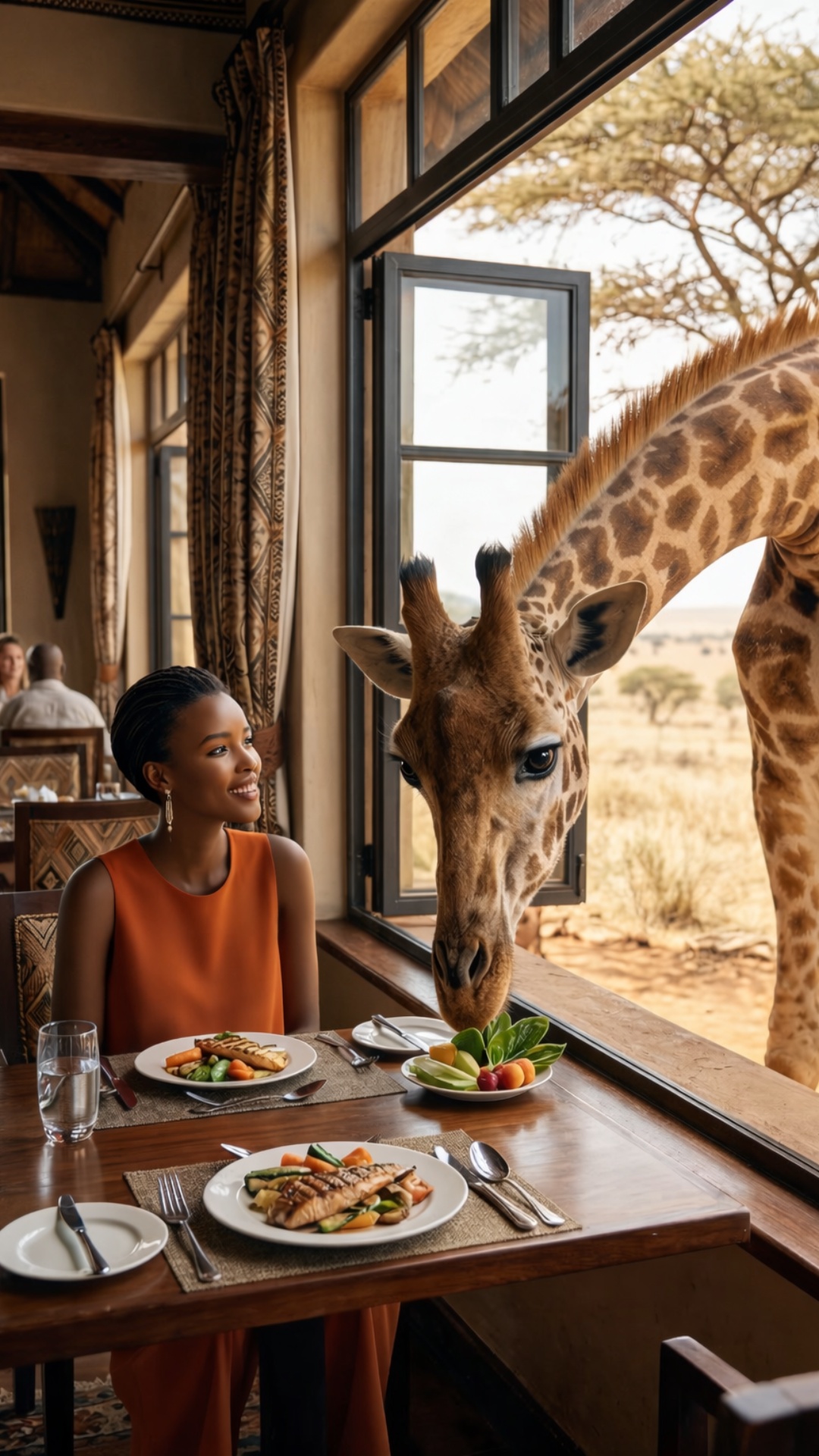 she feeds giraffe with a fruit, he eats