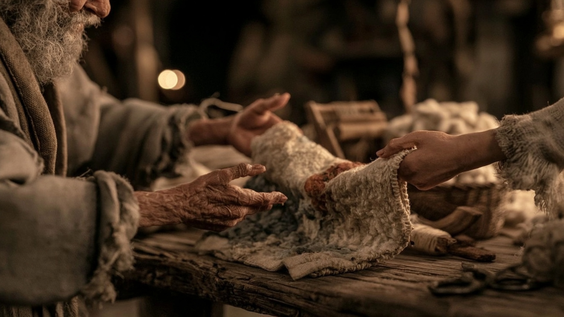 The younger hands slide the folded wool blanket across the wooden table toward the older hands. T...