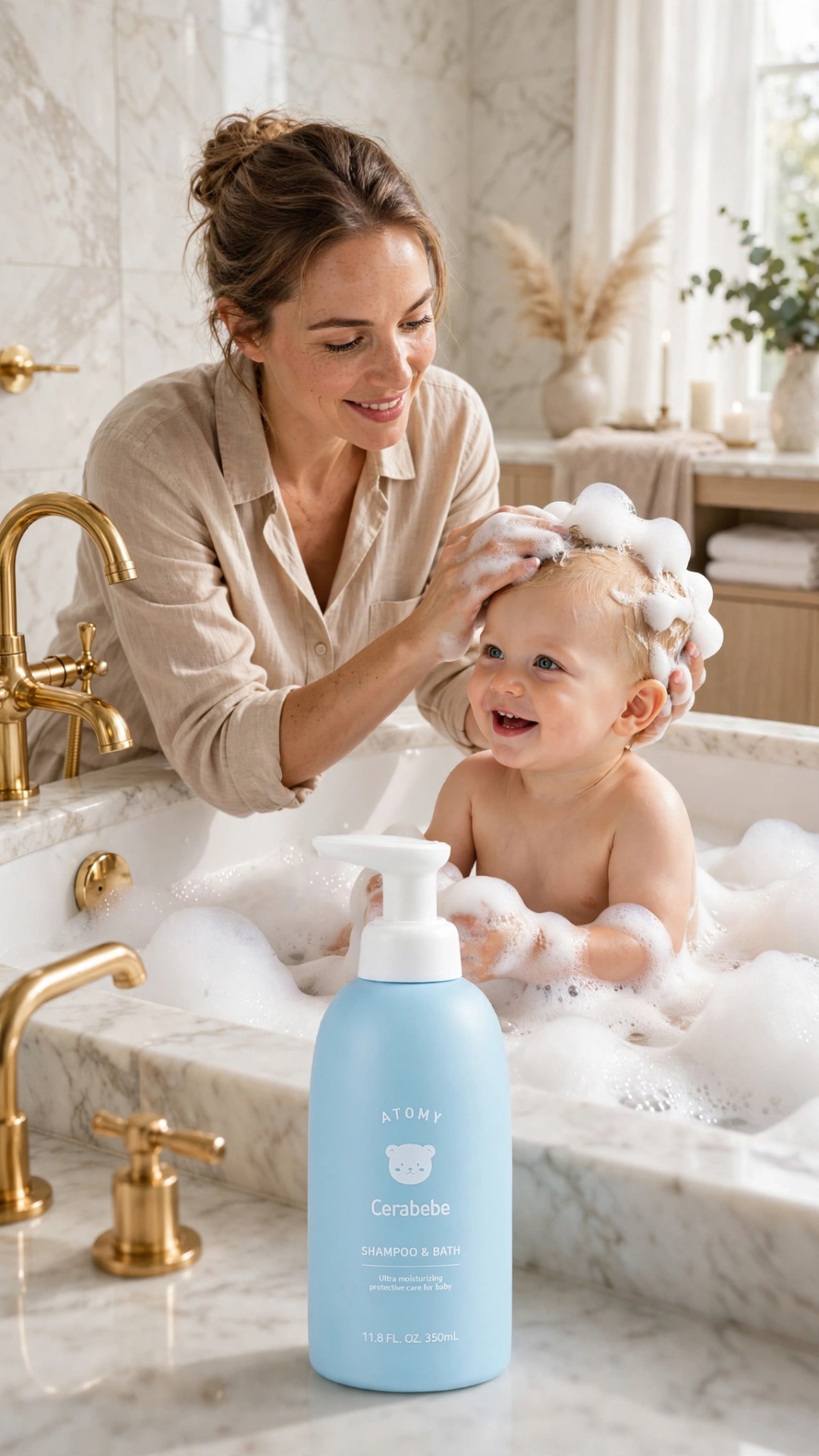 Luxury baby care commercial, happy European blonde baby boy laughing and gently bouncing in a mar...