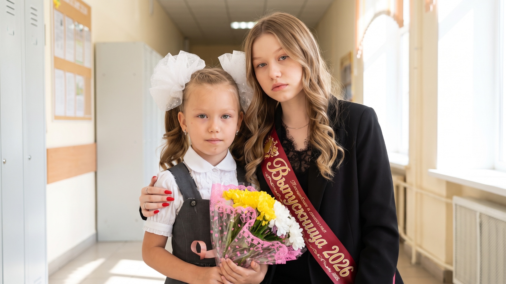 "Animate the combined image of the younger child and the older girl in a school setting. Keep the...