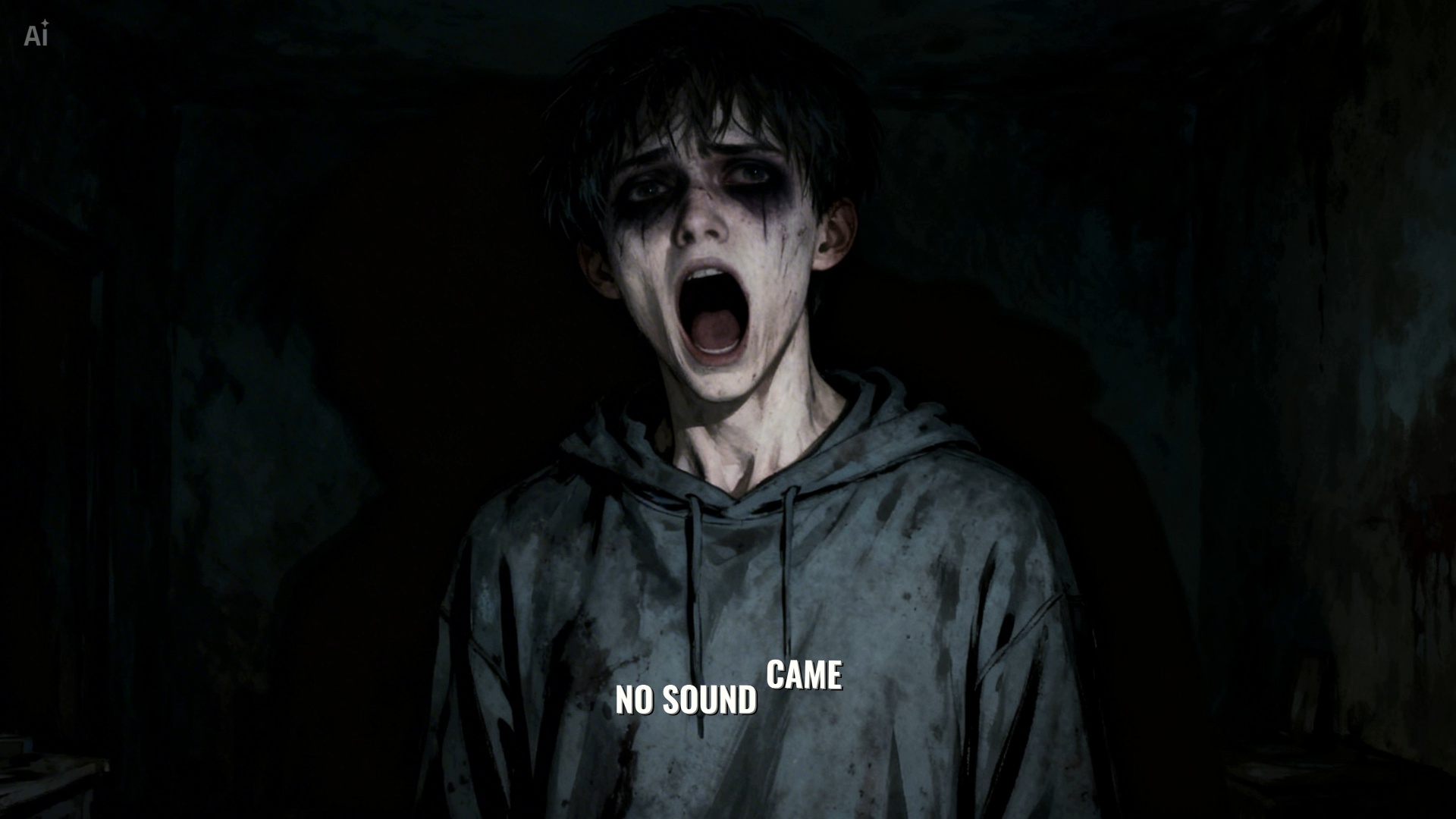 Cinematic horror close-up. The pale young man with a hollow, wide-open mouth is frozen in a silen...