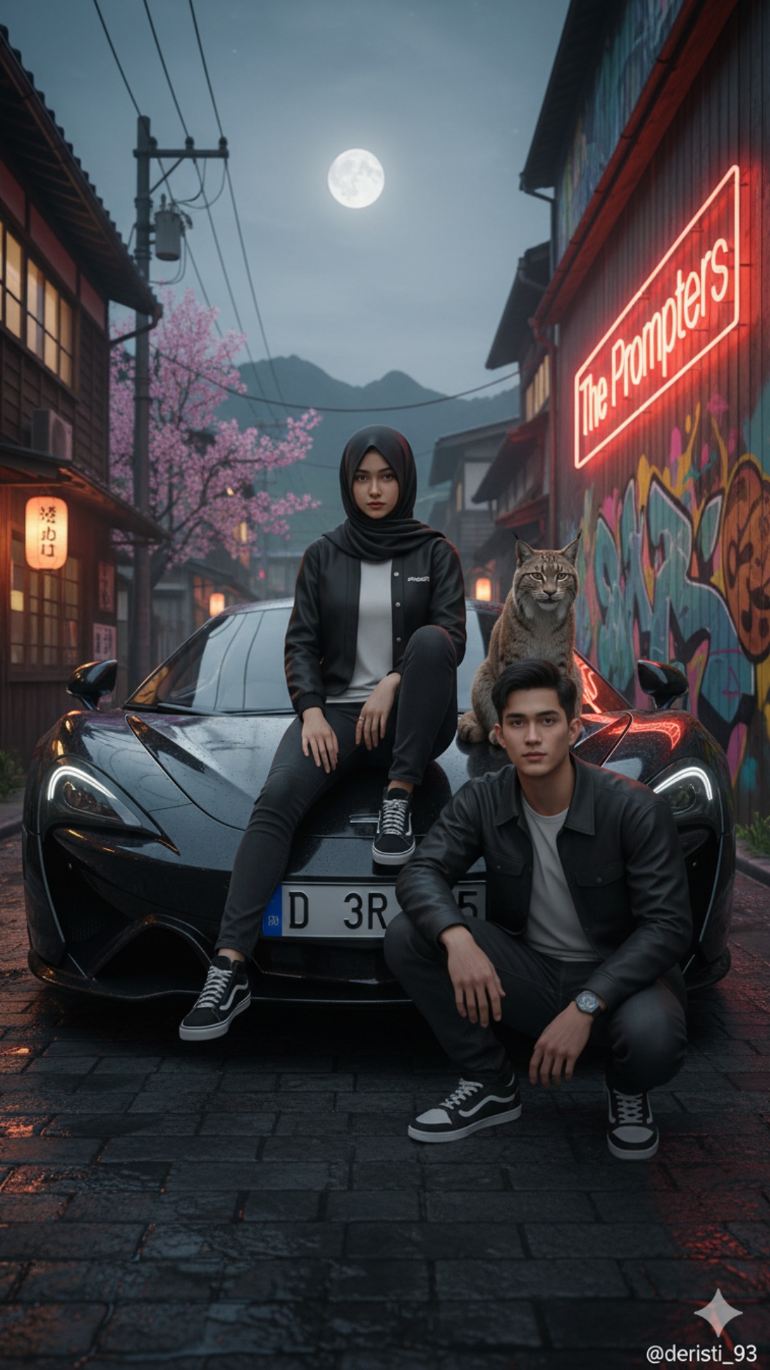 {
  "prompt": "Seorang pria muda dan perempuan berhijab berpakaian streetwear hitam berpose di de...