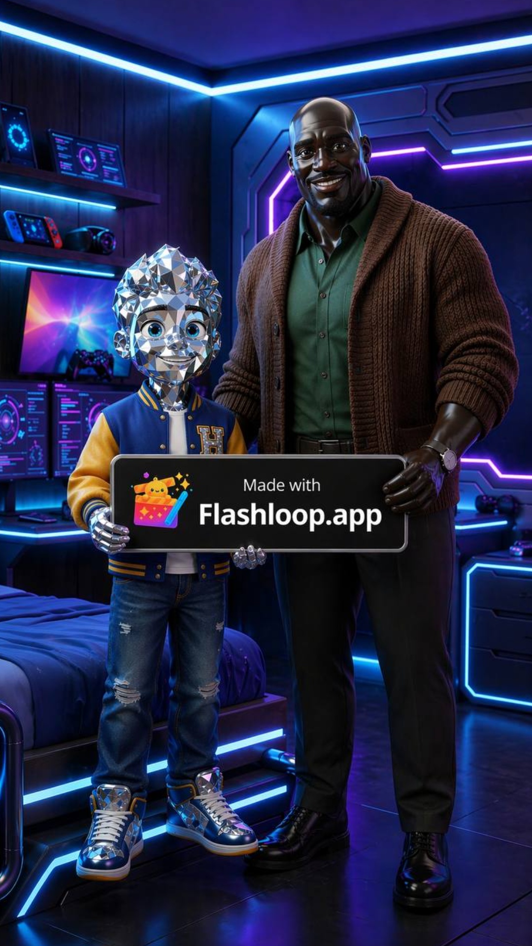 Static camera shot, cinematic 3D Pixar style.

A futuristic neon-lit tech room with glowing blue ...