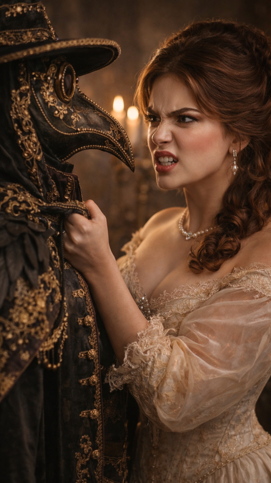 Elegant furious woman in a luxurious historical cream dress grips the ornate plague doctor tightl...