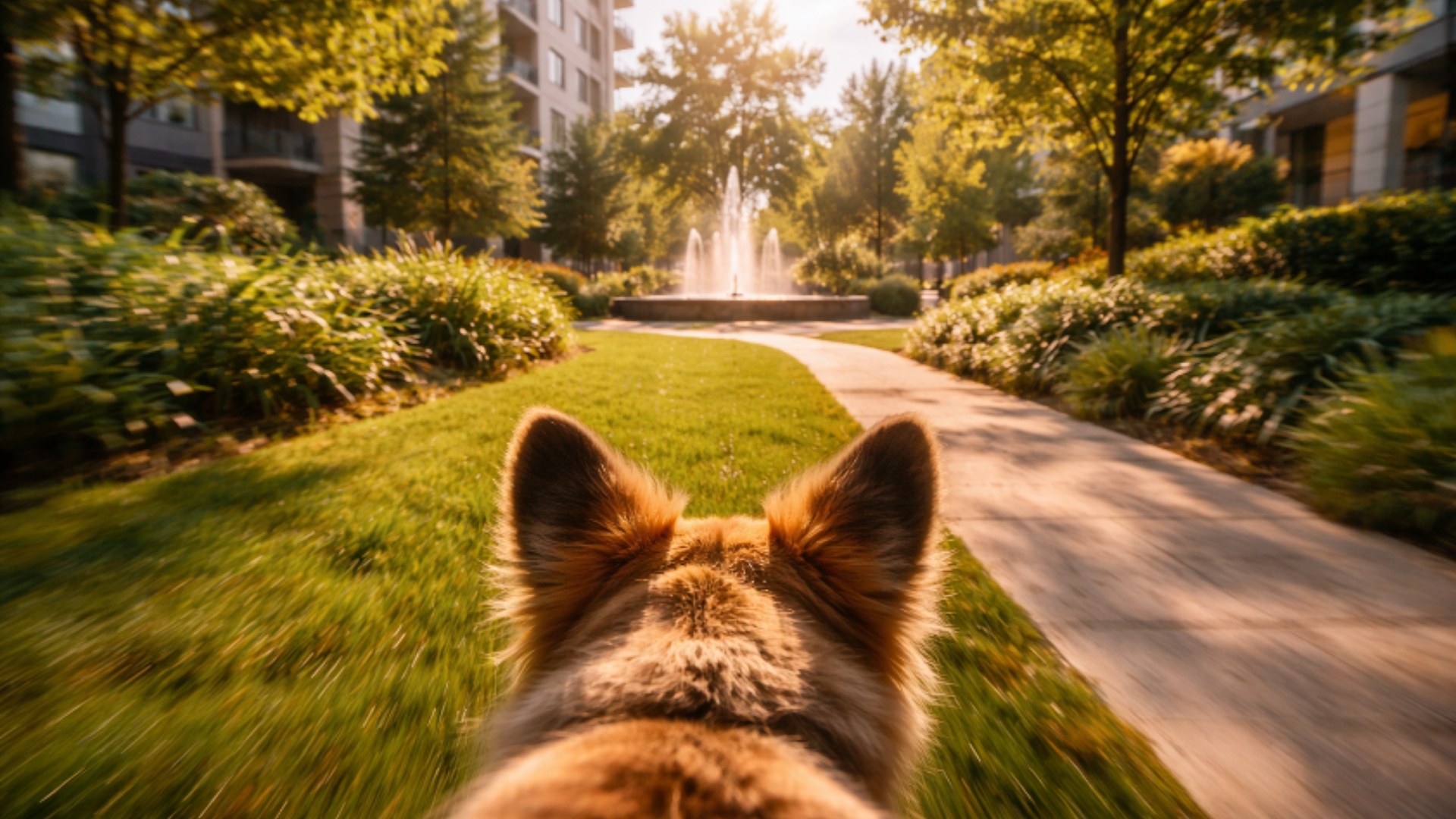 First-person POV of a dog running forward. The camera moves dynamically at a low height, close to...